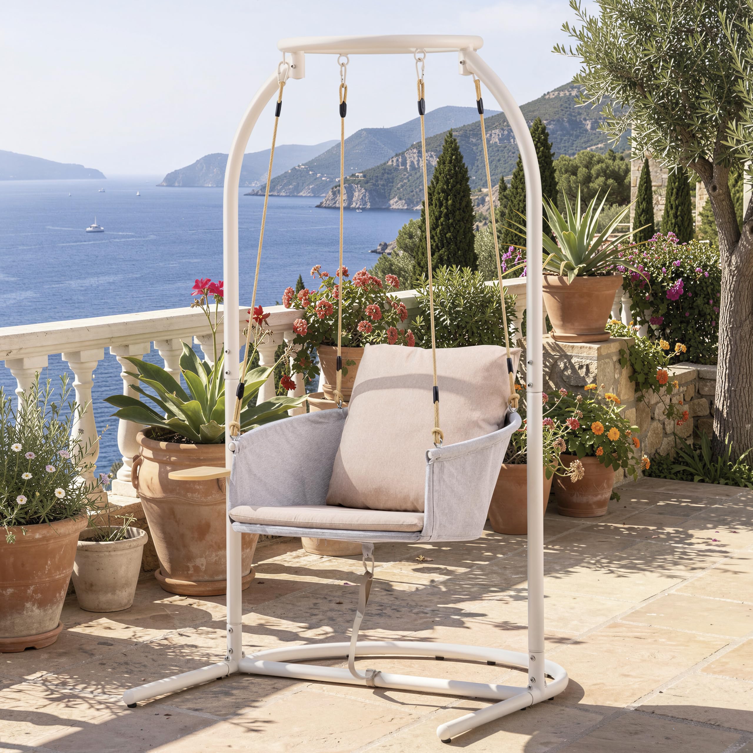 Poltrona sospesa con struttura in alluminio, per esterni, resistente alle intemperie, portata 180 kg | Altalena sospesa con cuscino, seduta con ripiano e borsa per riporre oggetti, per balcone, terrazza, giardino