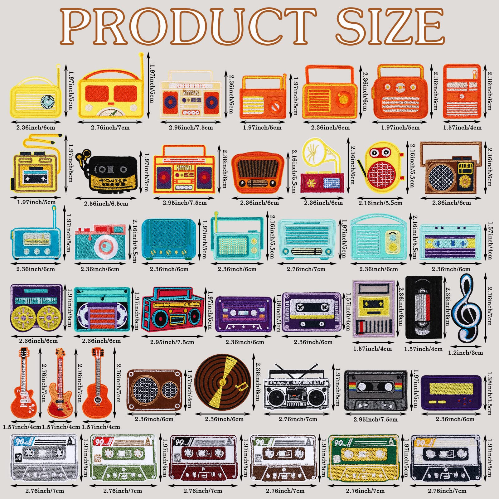 48 Stück Musik-Stil Patches Aufkleber Musik Thema Bügelbild Klebeband Radio Gitarre Kopfhörer Note Stickerei Vintage Patches Nähen Applikation Patches für Kleidung Hüte Rucksack Kleidung DIY Zubehör