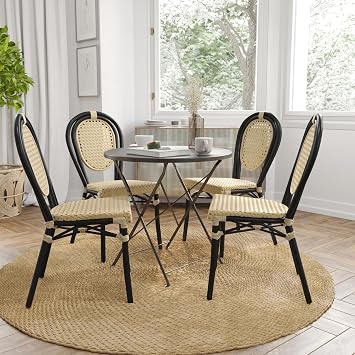Merrick Lane Toulon Indoor/Outdoor Bistro Stack Chair - Natural PE Cane Rattan Seat - Black Metal Frame - Set of Four