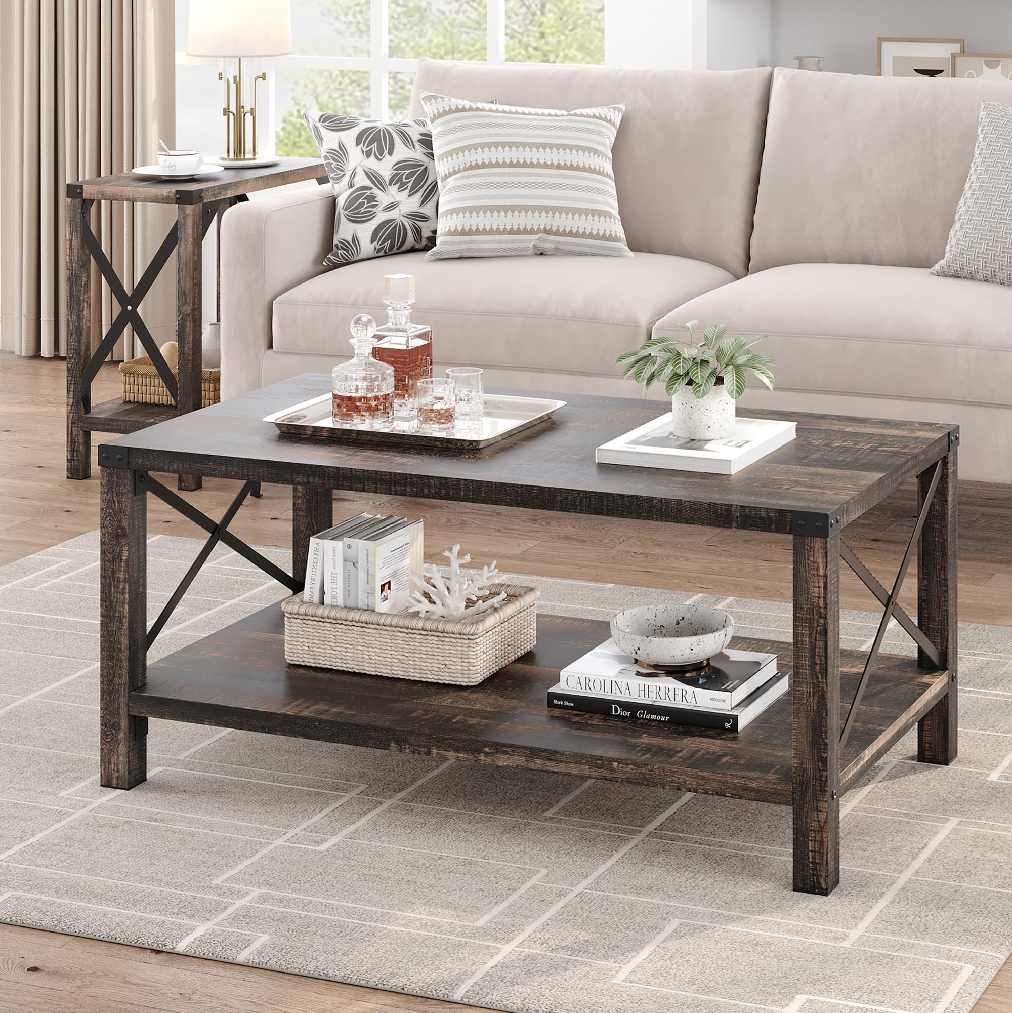 IDEALHOUSE Farmhouse Coffee Table 2-Tier Rustic Center Table Living Room Rectangle Cocktail Table Vintage Wood Look Tea Table with Shelf and X Metal Frame, Easy Assembly