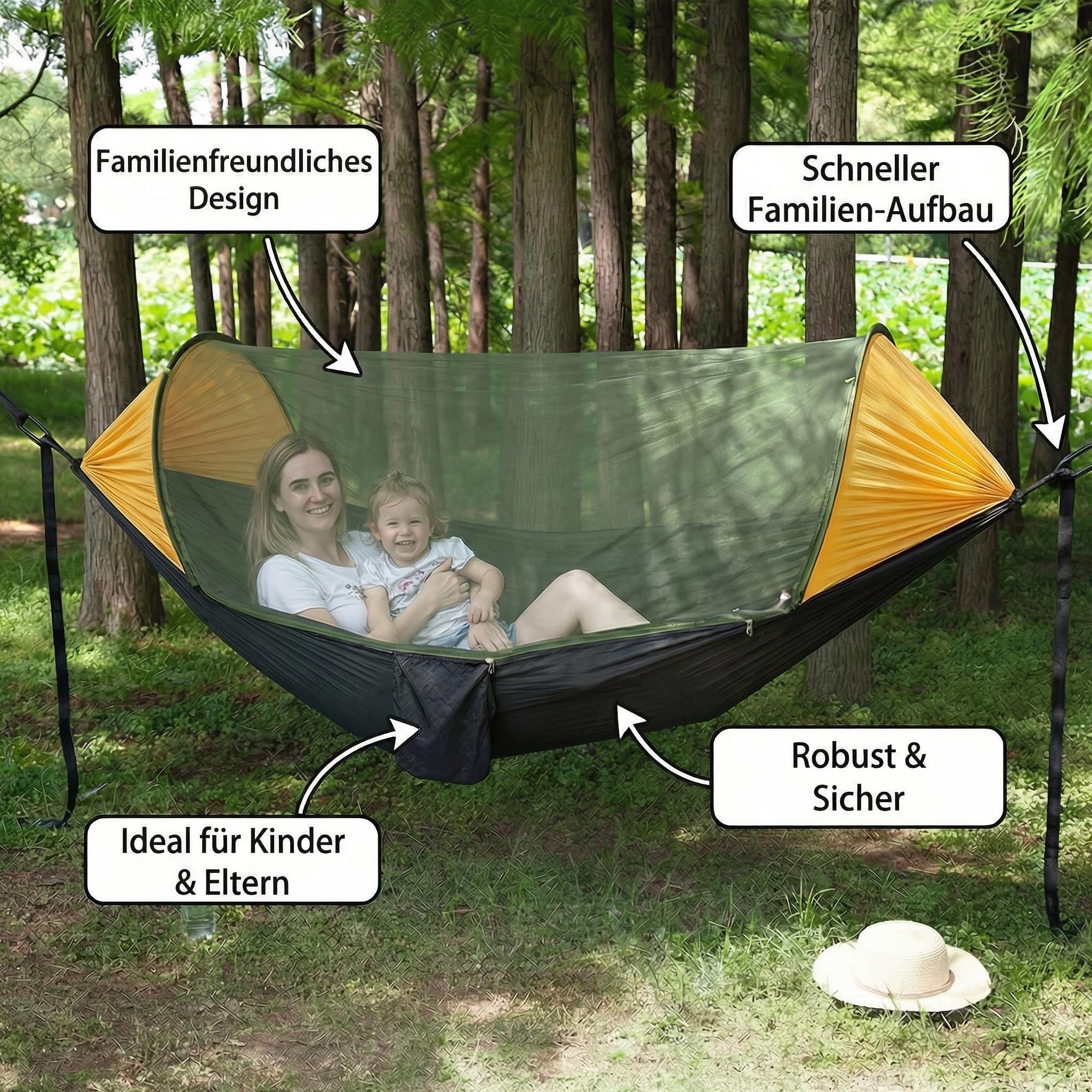 Familien Hängematte mit Moskitonetz, Sonnenschutz & Windschutz, Ultraleicht für 2 Personen, Eltern mit Kind, Garten, Balkon & Camping,200 kg Tragkraft, 290×140 cm (Gelb-Schwarz)