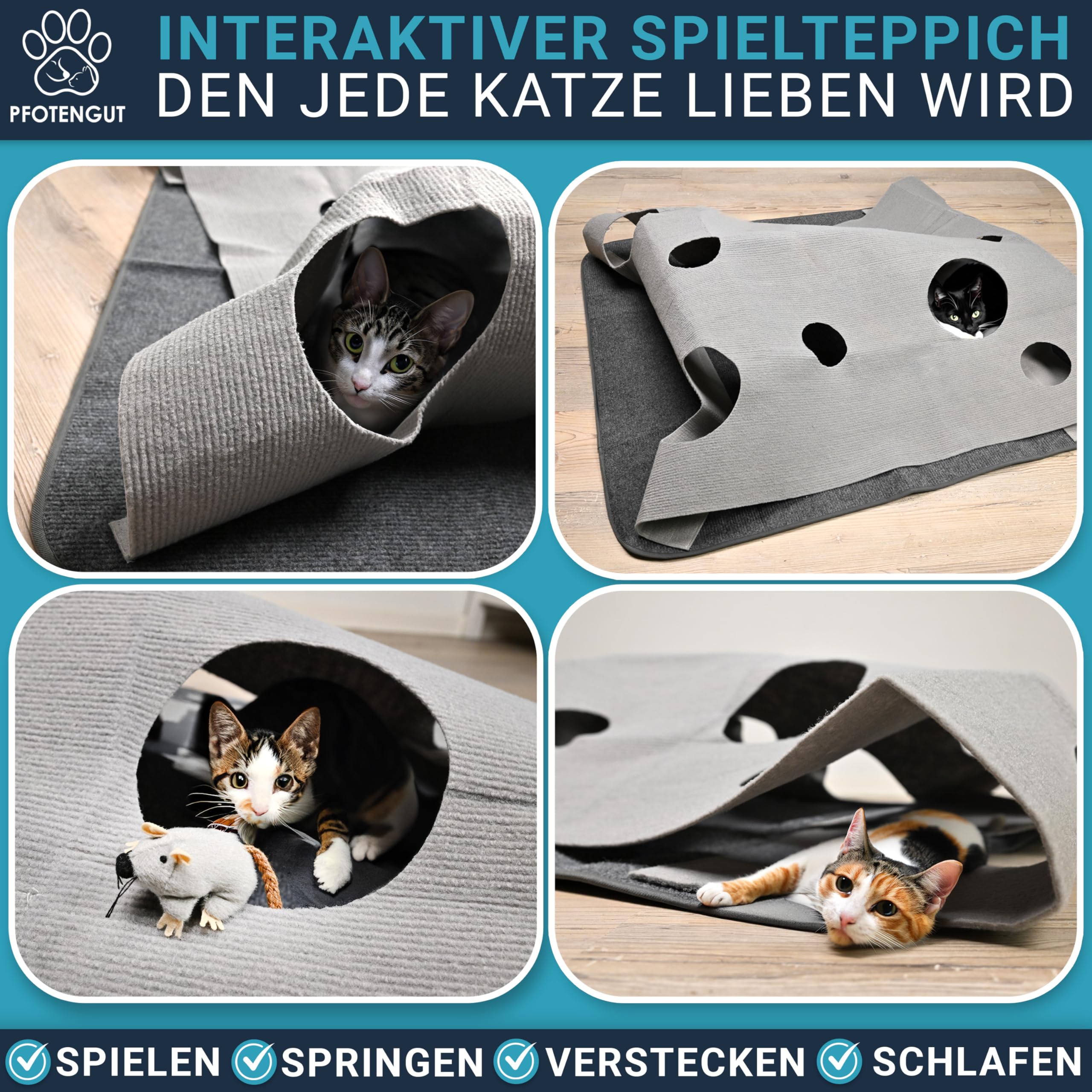 Katzenteppich [100x100 cm] - interaktive Spielmatte aus Filz mit individuellen Formen zur Beschäftigung deiner Katze - inkl. Spielzeug-Zubehör [für alle Katzen geeignet]
