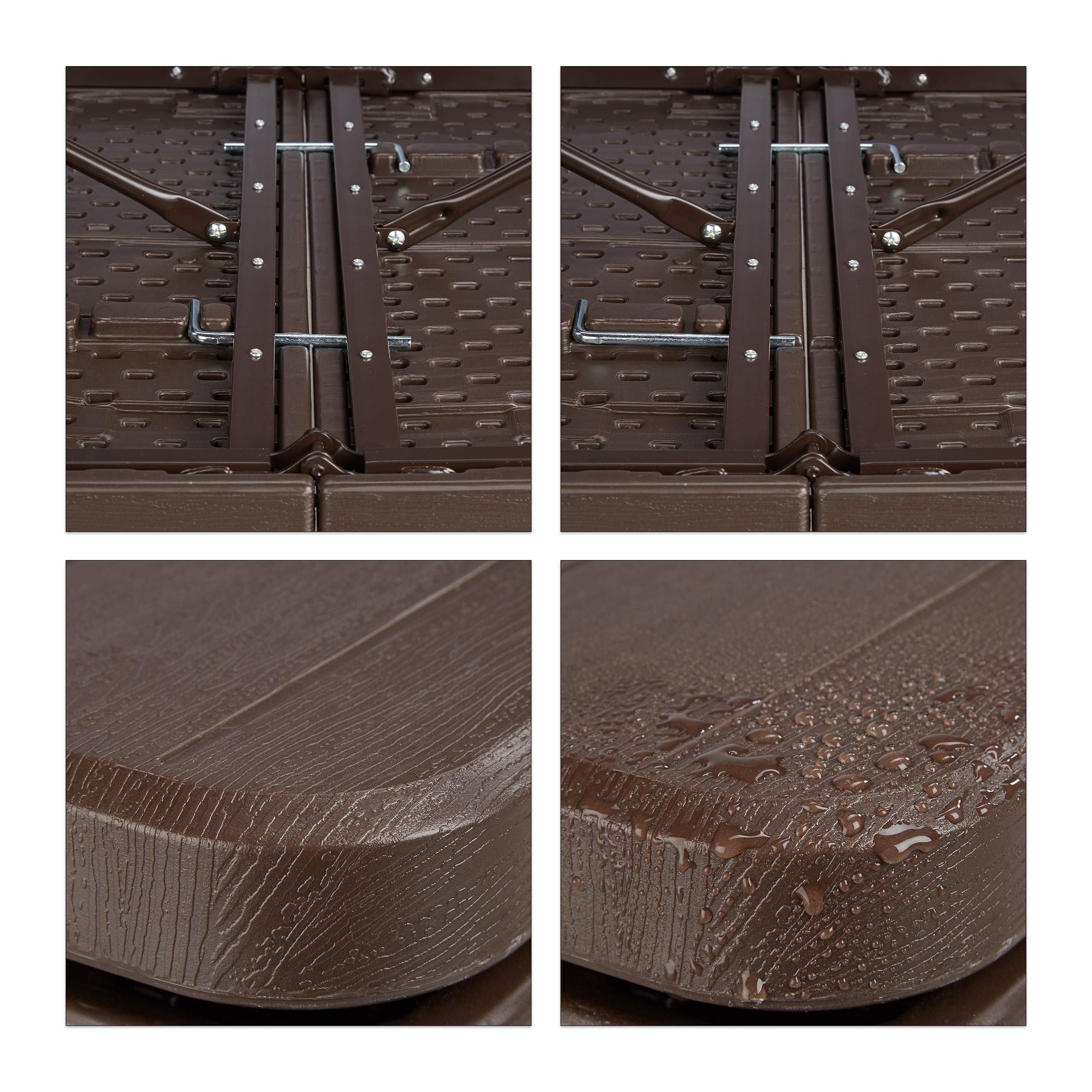 Relaxdays Tavolo Giardino, Aspetto Legno, Pieghevole, Plastica & Metallo, Esterni, Bistrò HLP: 73 x 180 x 74 cm, Marrone