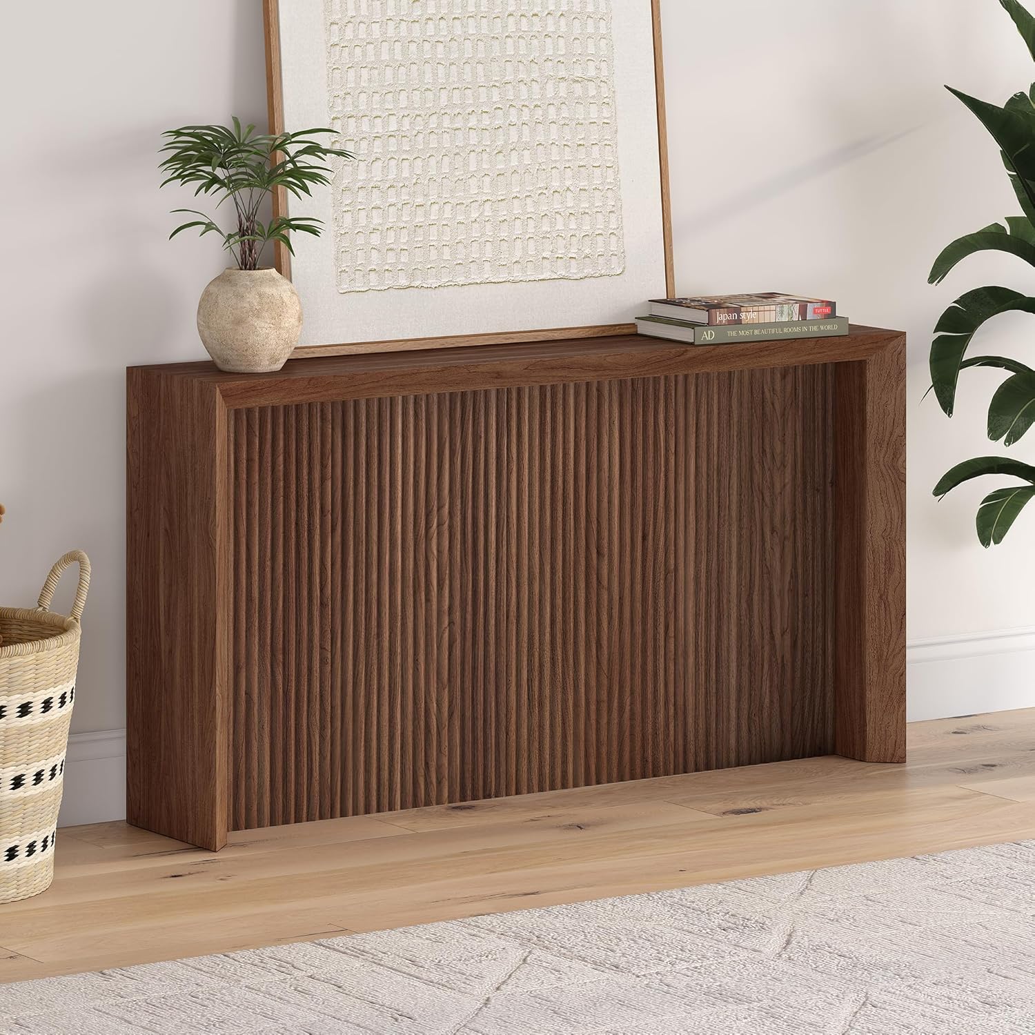 Henn&Hart 56" Fluted Wooden Rectangular Console Table Ribbed Entryway Table, Sofa Table for Entryway, Living Room, Couch, Hallway, or Office, Medium Walnut