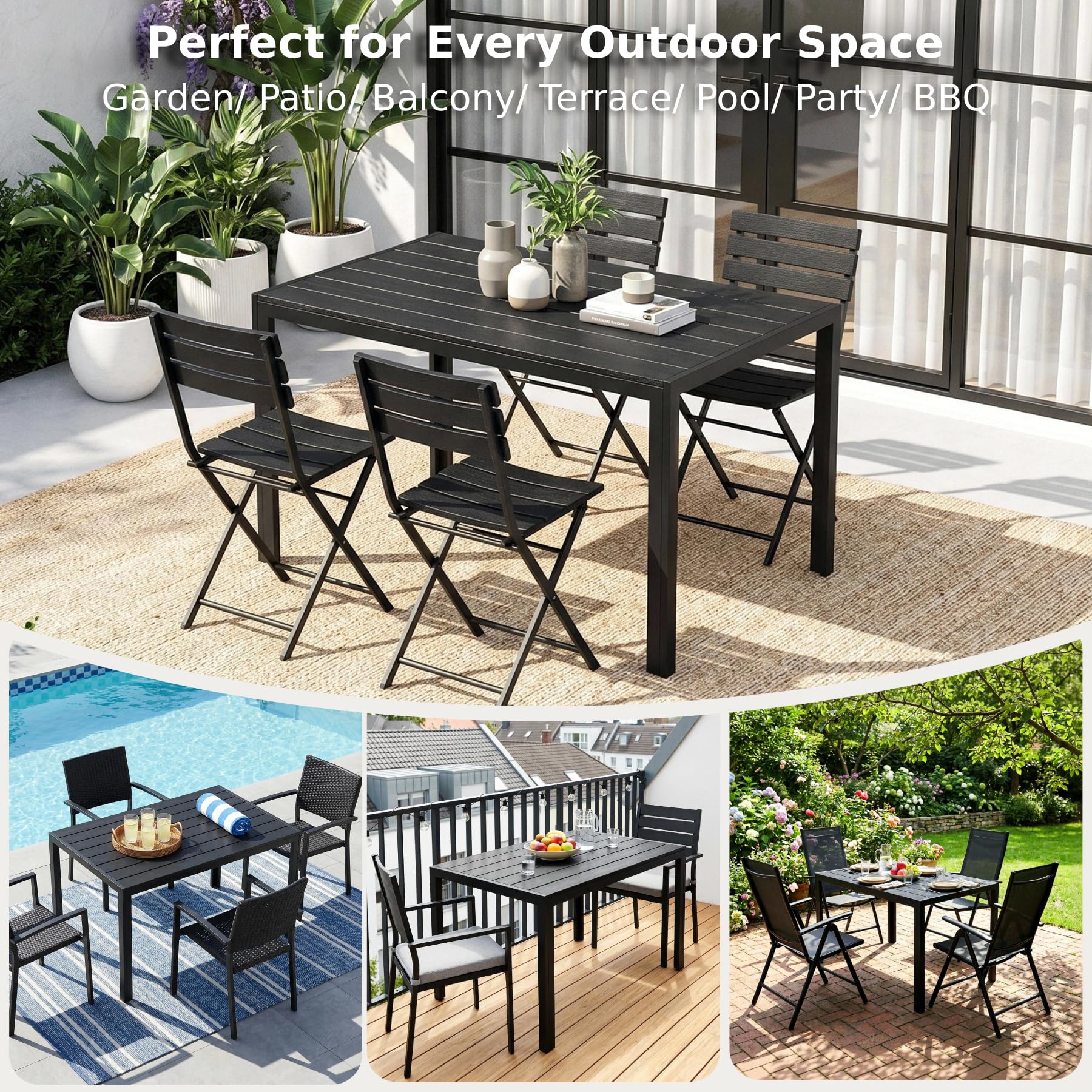 LIFERUN Gartentisch Wetterfest 110x70 cm WPC, Balkontisch Aluminium | Rechteckiger Terrassentisch, Rutschfester Esstisch Garten für 4-6 Personen, Brettbreite 9cm, Schwarz