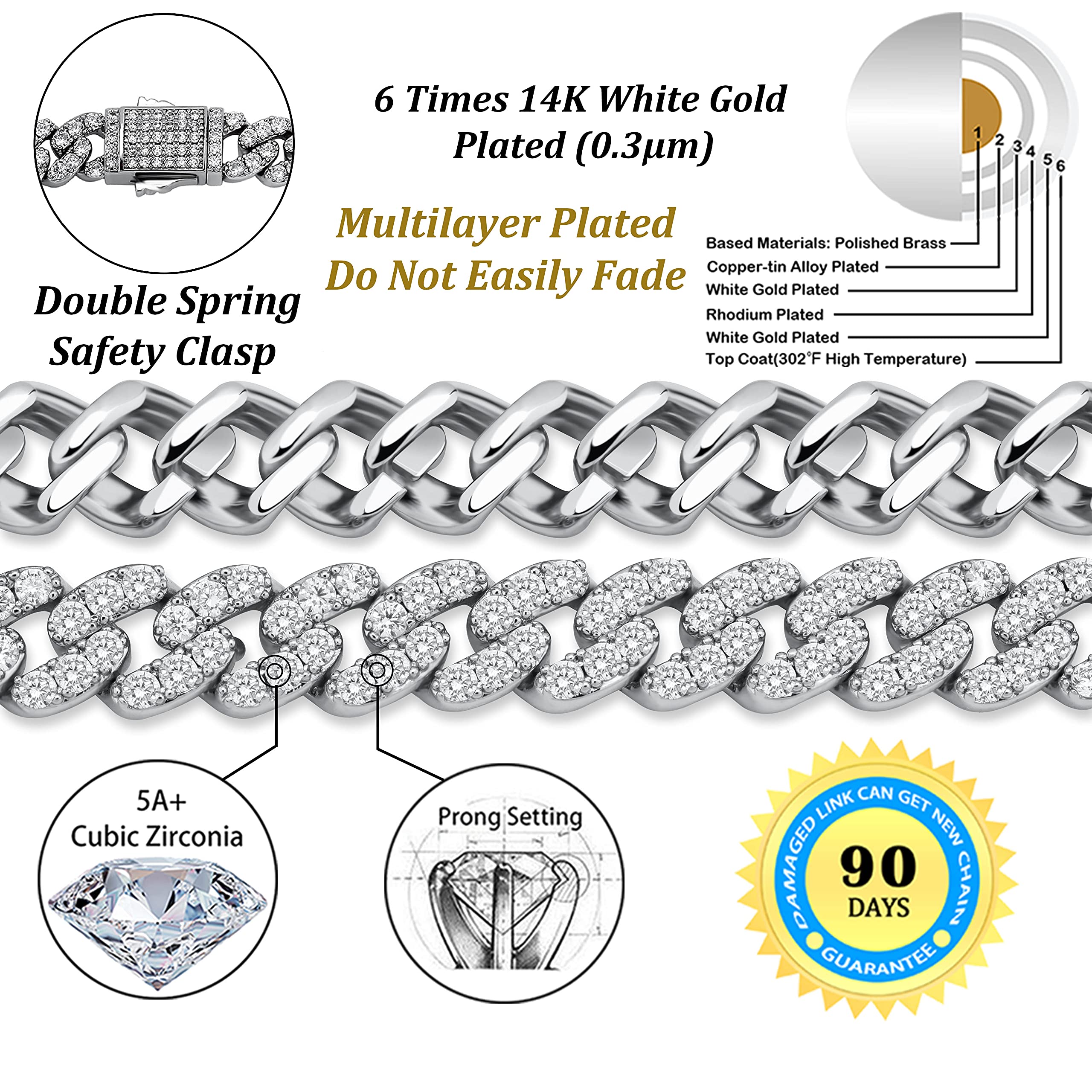Pulsera de tobillo de eslabones cubanos de 0.315 pulgadas para mujer 6 veces chapado en oro de 14 quilates para regalo de joyería de pie, latón chapado en oro, Blanco dorado, A20050001 2