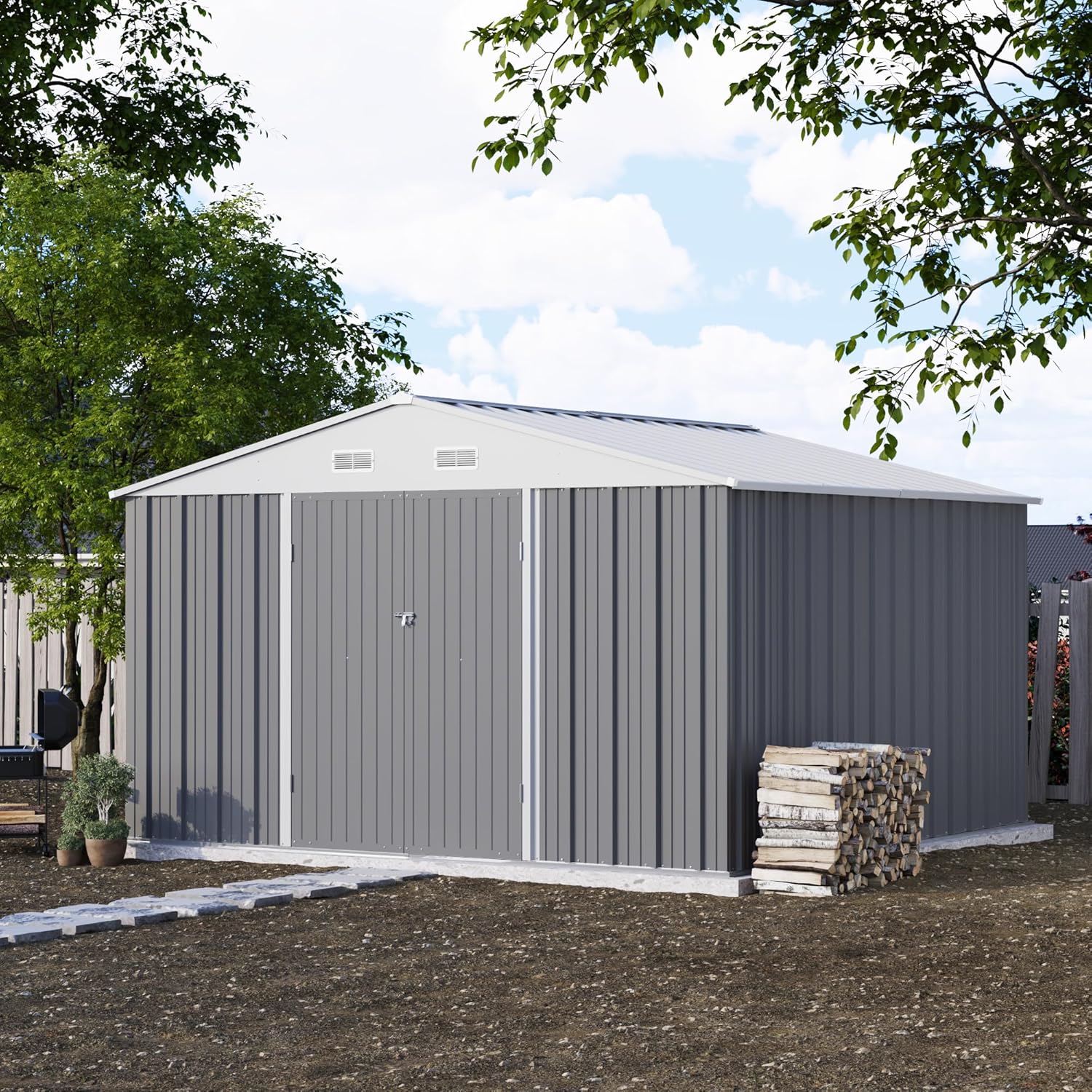 Patiowell 10x10 Metal Storage Shed with closed doors, situated in a backyard with a stack of firewood beside it.