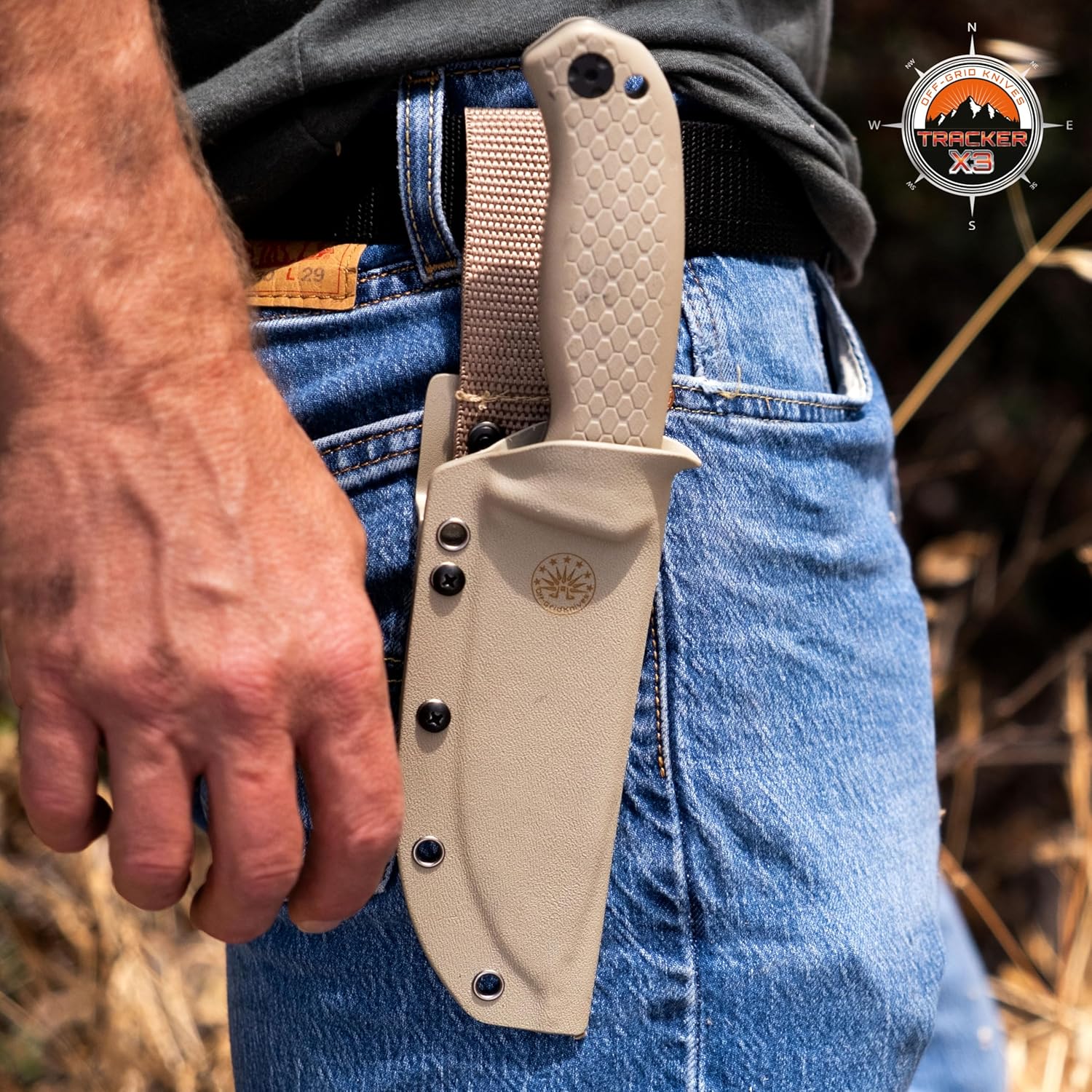 Off-Grid Knives - TRACKER-X3 Fixed Blade Knife, Cryo D2 Blade Steel, G10 Scales, Kydex Sheath, OG Lo-Pro Belt Attachment, Camping, Bushcraft, Hunting, Survival (Coyote)