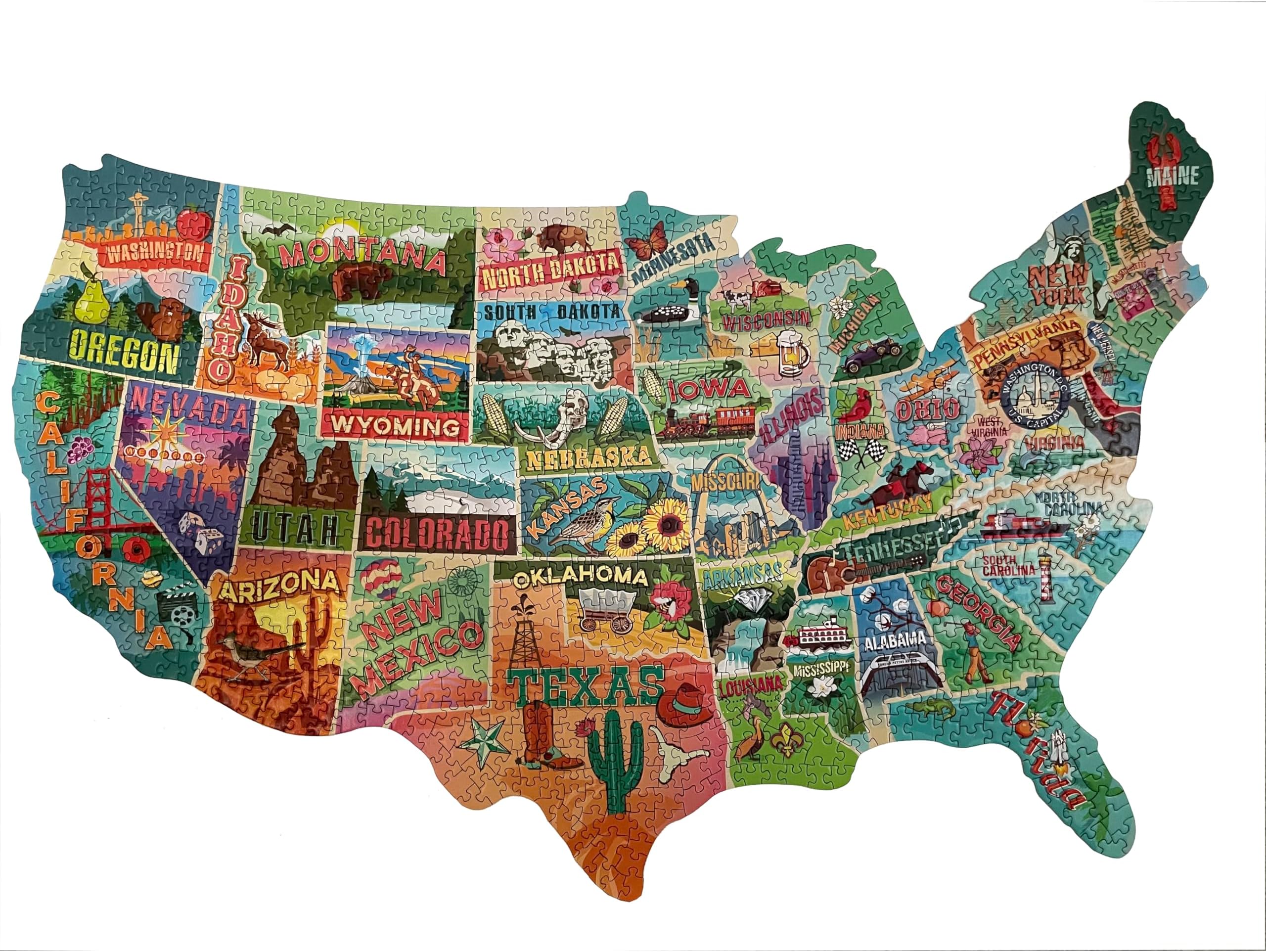 TDC Games US Map Puzzle Great American Roadtrip with Individual States, 1000 Piece Jigsaw Puzzles for Adults, Large America Shaped Educational Puzzle, Challenging Puzzles Map of USA