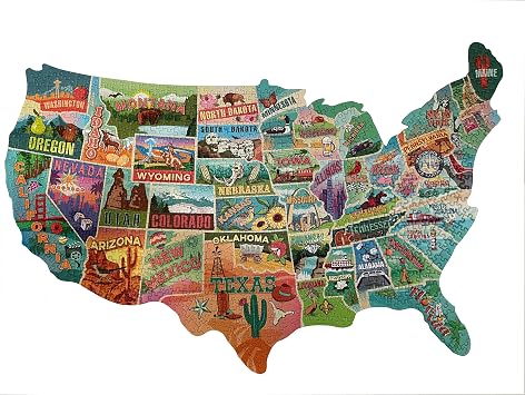 TDC Games US Map Puzzle Great American Roadtrip with Individual States, 1000 Piece Jigsaw Puzzles for Adults, Large America Shaped Educational Puzzle, Challenging Puzzles Map of USA