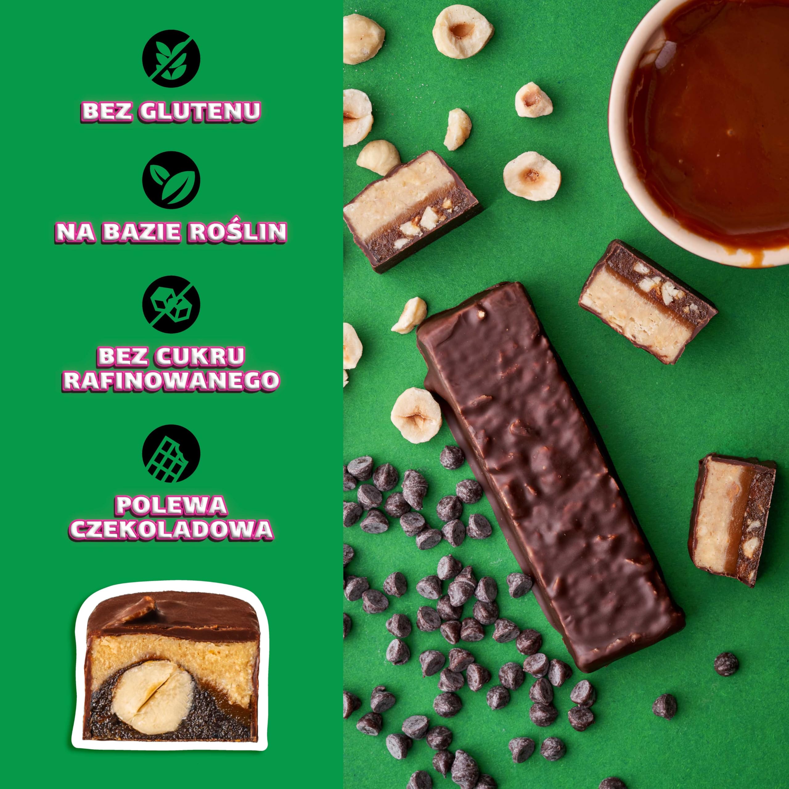 FIZI Czekoladowe Batony Wegańskie Orzech Laskowy i Karmel, W czekoladowej polewie, Na bazie roślin, Bez rafinowanego cukru, Bez glutenu, Bez GMO, Bez laktozy, Idealna przekąska w podróży (10x45g)