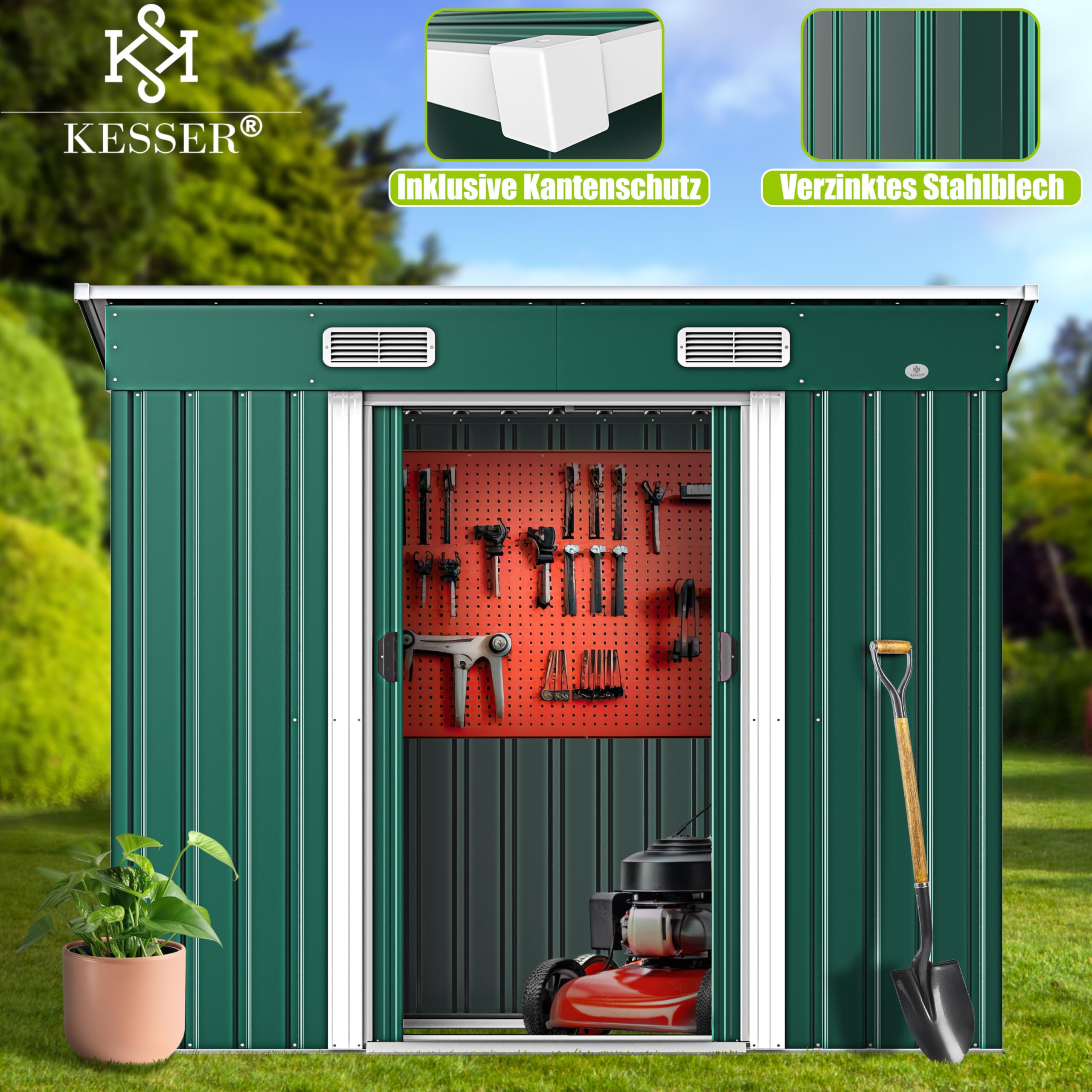 KESSER® - Gerätehaus L Metall 4 m³ mit Fundament | 194x112x181 cm | 2X Schiebetür & Fundament | Geräteschuppen | Gartenhaus Schrank | Pultdach Garten Schuppen, Ink. Arbeitshandschuhe Grün