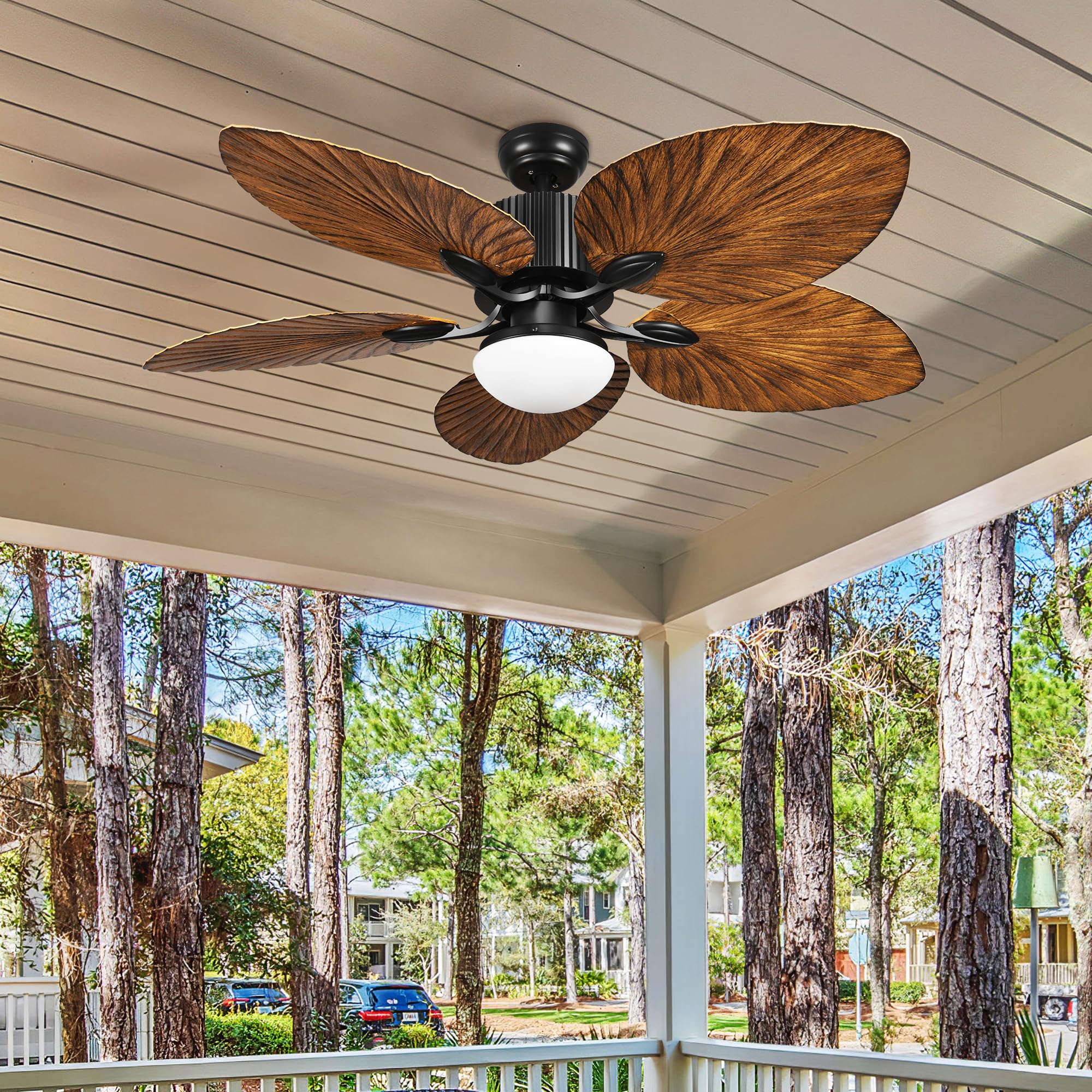 DWVO 52 Inch Tropical Ceiling Fan with LED Light and Remote Control Palm Reversible Fan Light with Memory Function 5 Leaf Blades and Balance Clips - Black