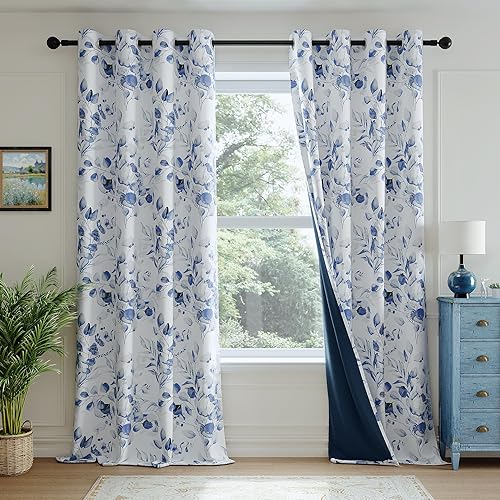 Miniatura 2 de Cortinas 100% opacas de 84 pulgadas de largo para dormitorio, cortinas estampadas florales azules para oscurecer la sala de estar, cortinas con