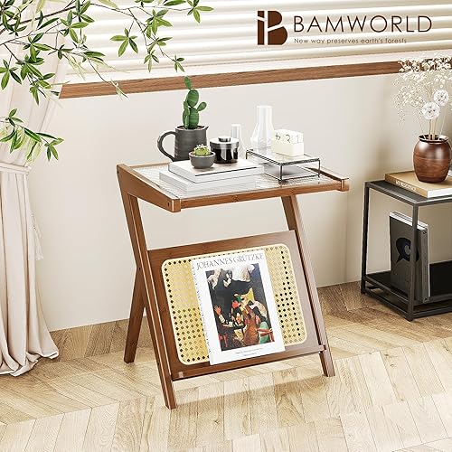 Miniatura 10 de Bamworld Mesa auxiliar de ratán para sala de estar, mesa auxiliar bohemia de 2 niveles con almacenamiento, mesa de noche moderna de mediados de Mesa