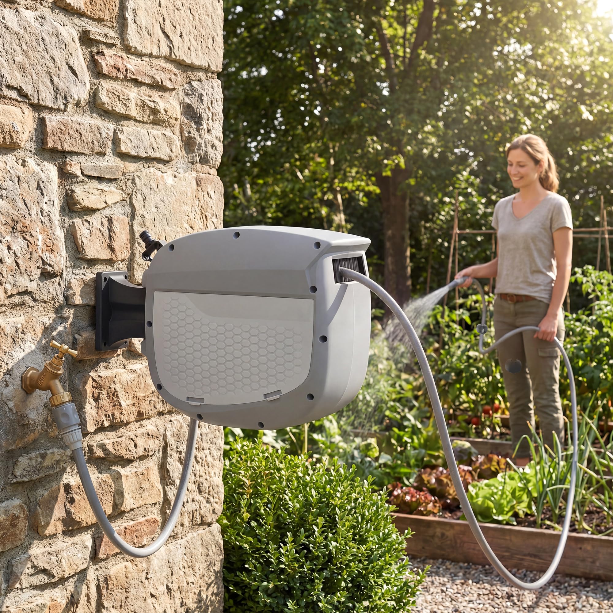 Outsunny Enrollador de Manguera para Jardín 10+1 m con Boquilla de 2 Modos, Carrete de Manguera de Jardín de Pared con Bloqueo Automático y Retracción Controlada, Soporte Orientable 180°, Gris