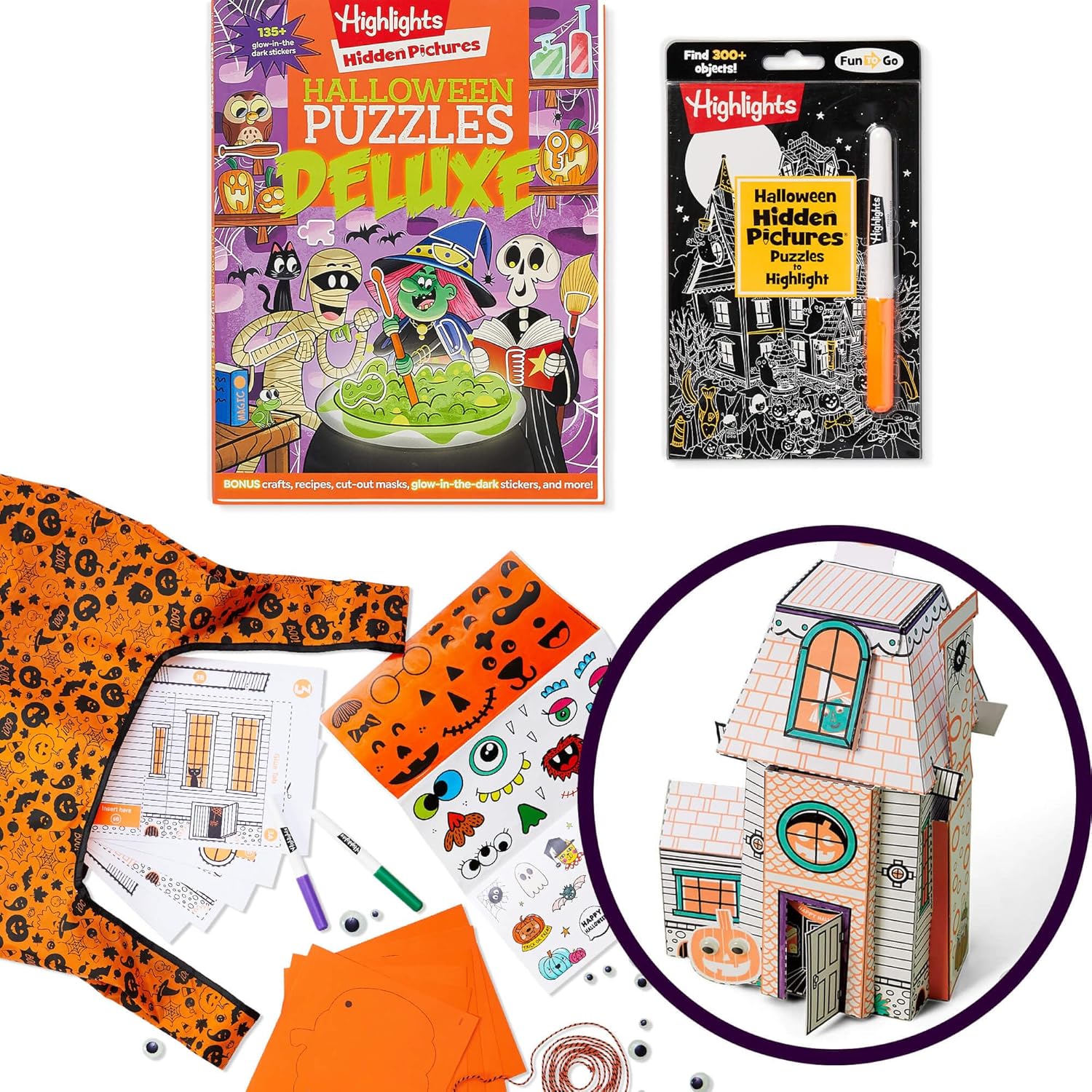 Highlights Halloween Craft and Book Bundle for Kids Ages 6+, Build and Color Spooky Haunted House Craft Kit, Halloween Puzzles Deluxe and Halloween Hidden Pictures Puzzles to Highlight Activity Books
