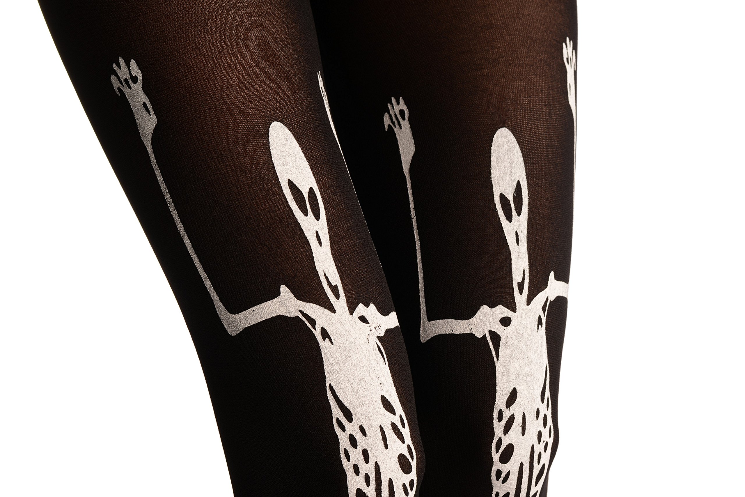 LissKiss White Printed Large Dancing Skeletons On Black (Halloween) - Pantyhose (Tights)