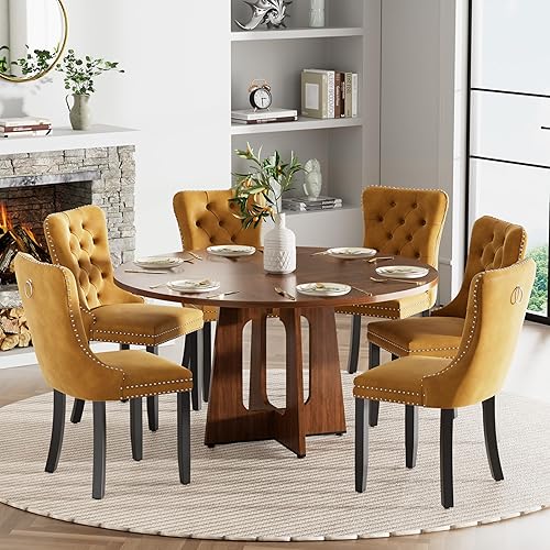 Miniatura 26 de Juego de mesa de comedor redonda de 47 pulgadas para 4, mesa de cocina de mármol sintético blanco circular con 4 sillas de comedor tapizadas de Mesa