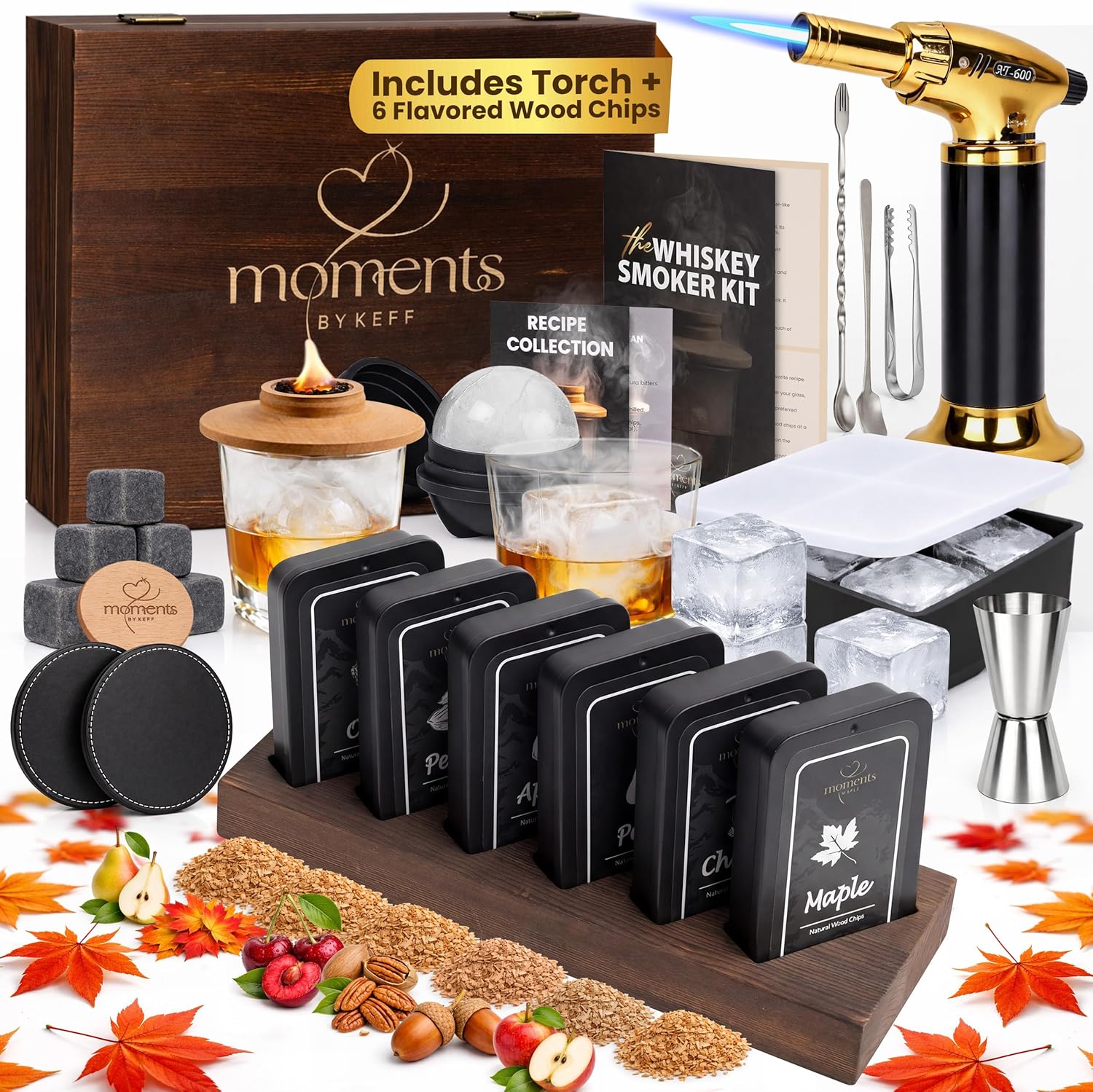Premium Whiskey Smoker Kit – Wooden Gift Box with Torch, Smoker Lid, Square Glasses, Leather Coasters, 6 Wood Chips with Tray, Whiskey Stones, Ice Molds, Mixing Tools & Instructions