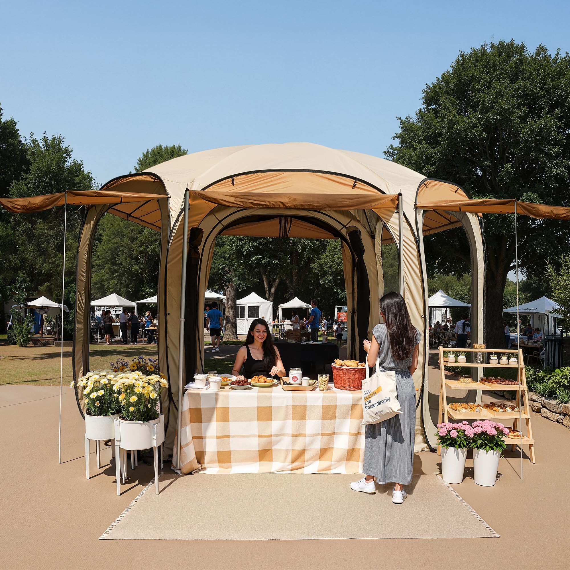 East Oak Pop-Up-Zelt mit Netz, 3,6 x 3,6 m, Outdoor-Sichtschutzhaus mit 4 Sonnenschirmen, sofortiger Überdachung mit tragbarer Tragetasche, Pavillon-Zelt für Camping, Terrasse und Strand, Beige