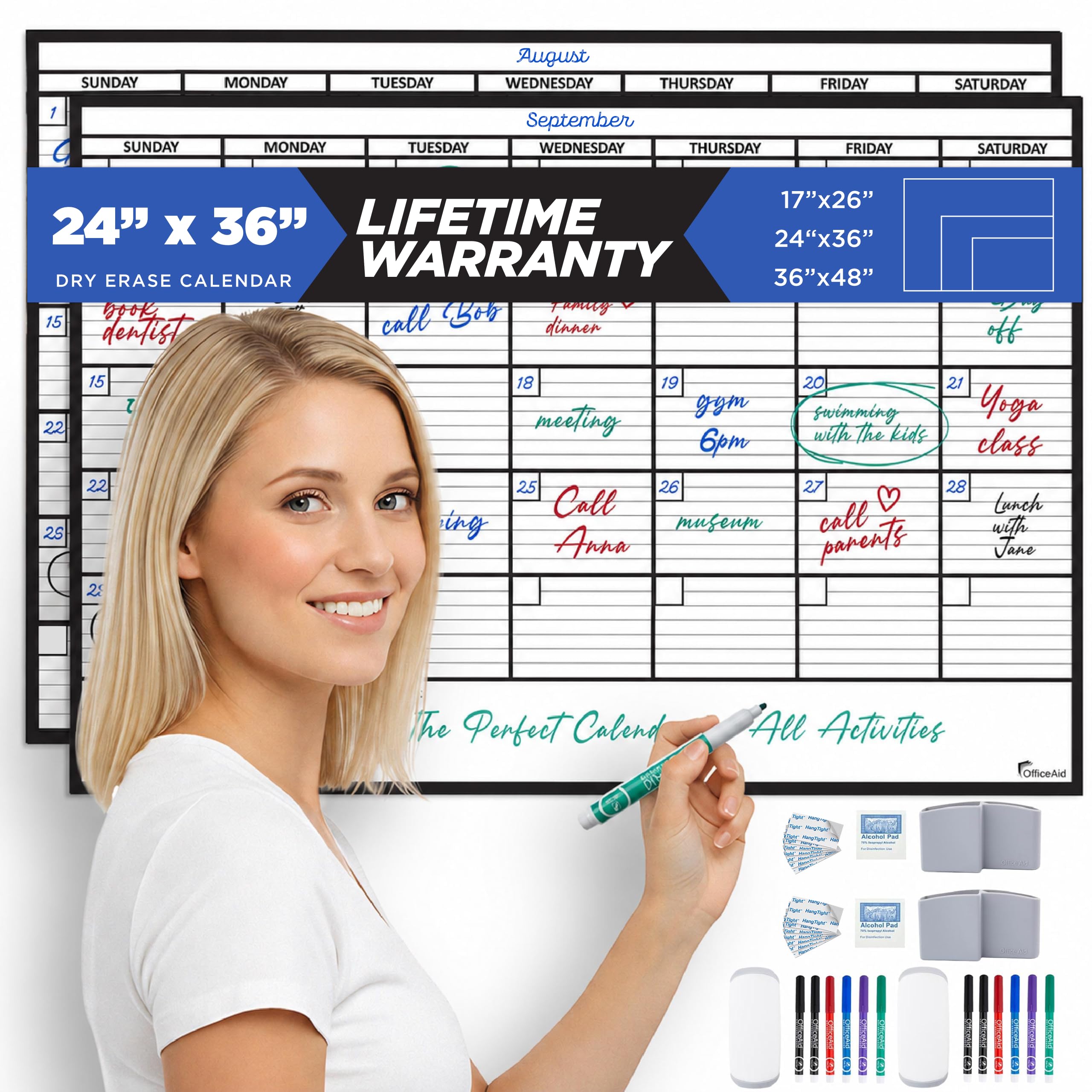 Calendario da parete laminato medio e grande, cancellabile a secco, 61 x 91 cm x 91,4 cm x 121,9 cm, pellicola mai piegata e riutilizzabile, grande calendario mensile laminato cancellabile, calendario