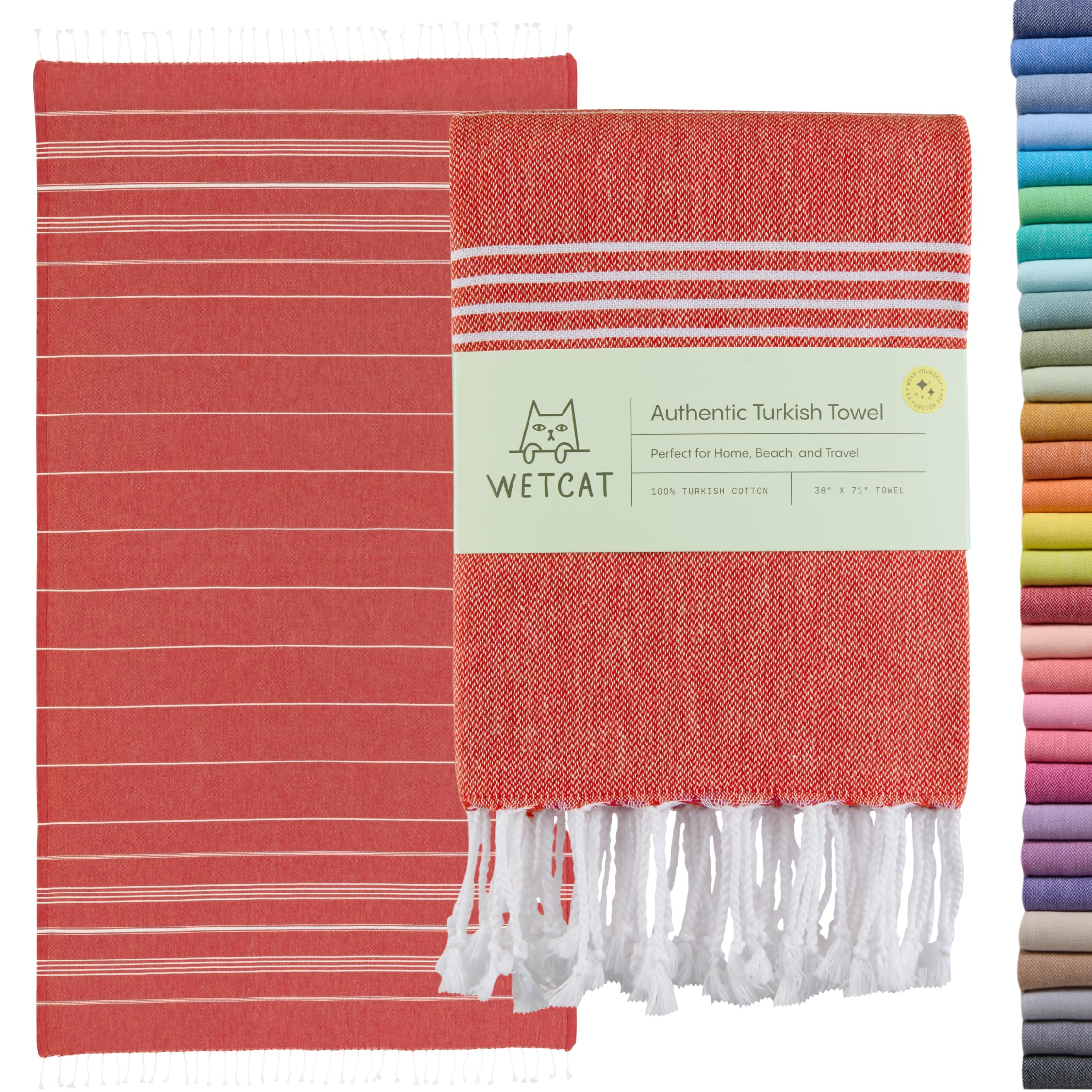 WETCAT Original Turkish Beach Towel (39x71) - Prewashed Peshtemal 100% Cotton Highly Absorbent Quick Drying and Ultra Soft Machine Washable Stylish Eco Friendly - [Red] — image 1