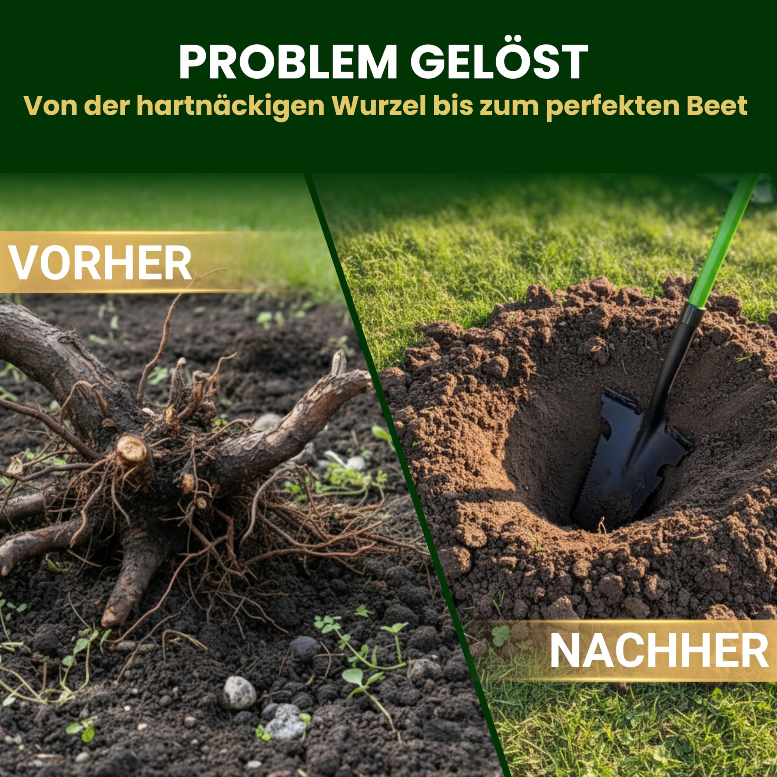 Heckenpracht® Profi Spaten mit Wurzelsäge | Wurzelspaten mit Sägefunktion | Perfekt für Harte Böden | Ergonomischer Griff & extra breite Trittkante | Gärtnerspaten mit Ultra stabilem Spatenblatt