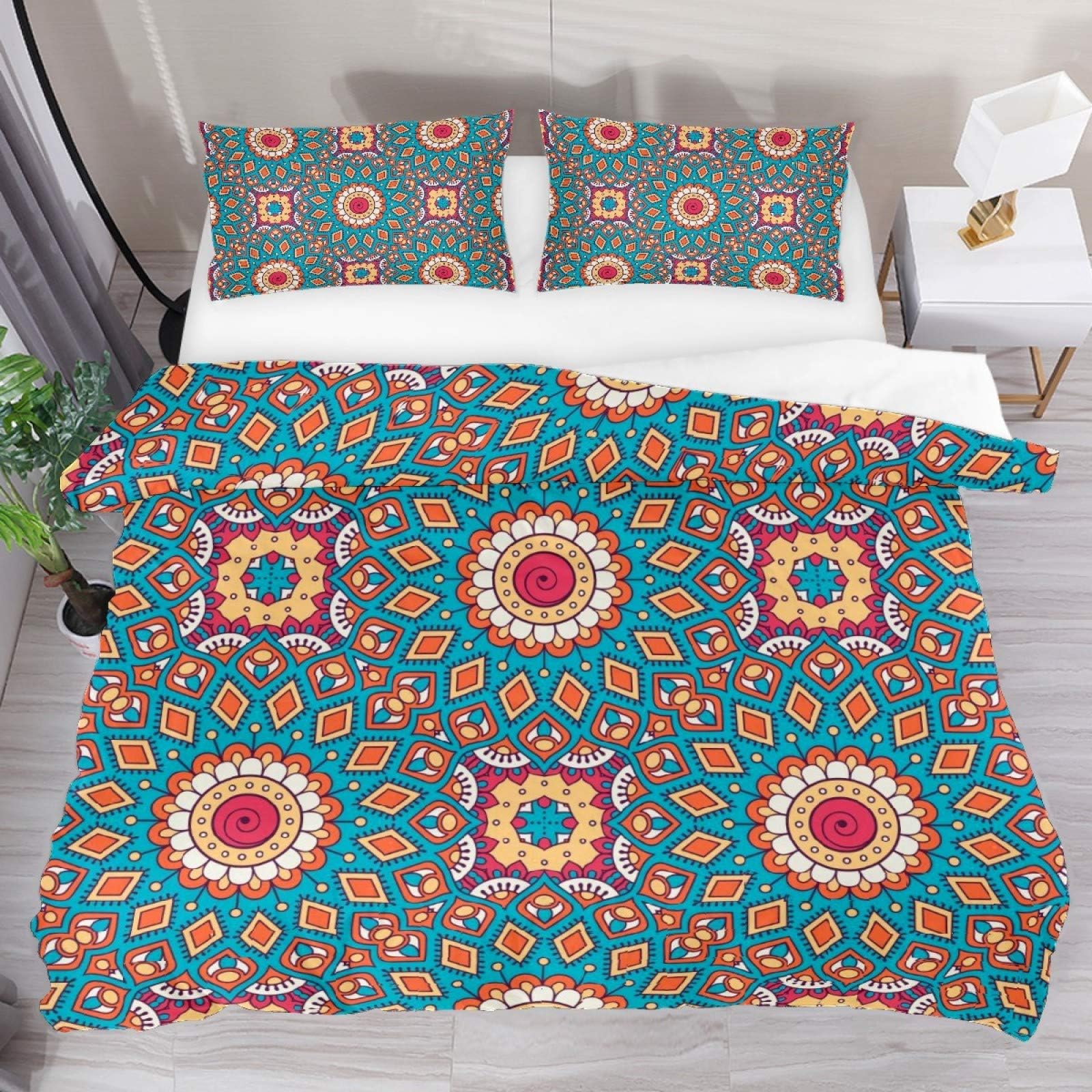 AJIKENEE Mandala Pattern Bohemian 3 Piece Duvet Cover Set Double Size 79"x79" Soft Quilt Cover Decorative Bedding Sets with Pillowcase Polyester Bedspread for Boys Girls Teen Adult