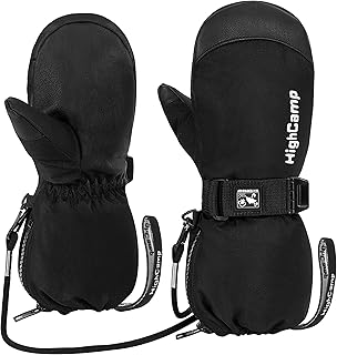 HIGHCAMP Kids Ski Mittens Waterproof Winter Snow Gloves with Zipper and String on Long Cuff for Toddler Boys Girls- XS (2-3 Y)