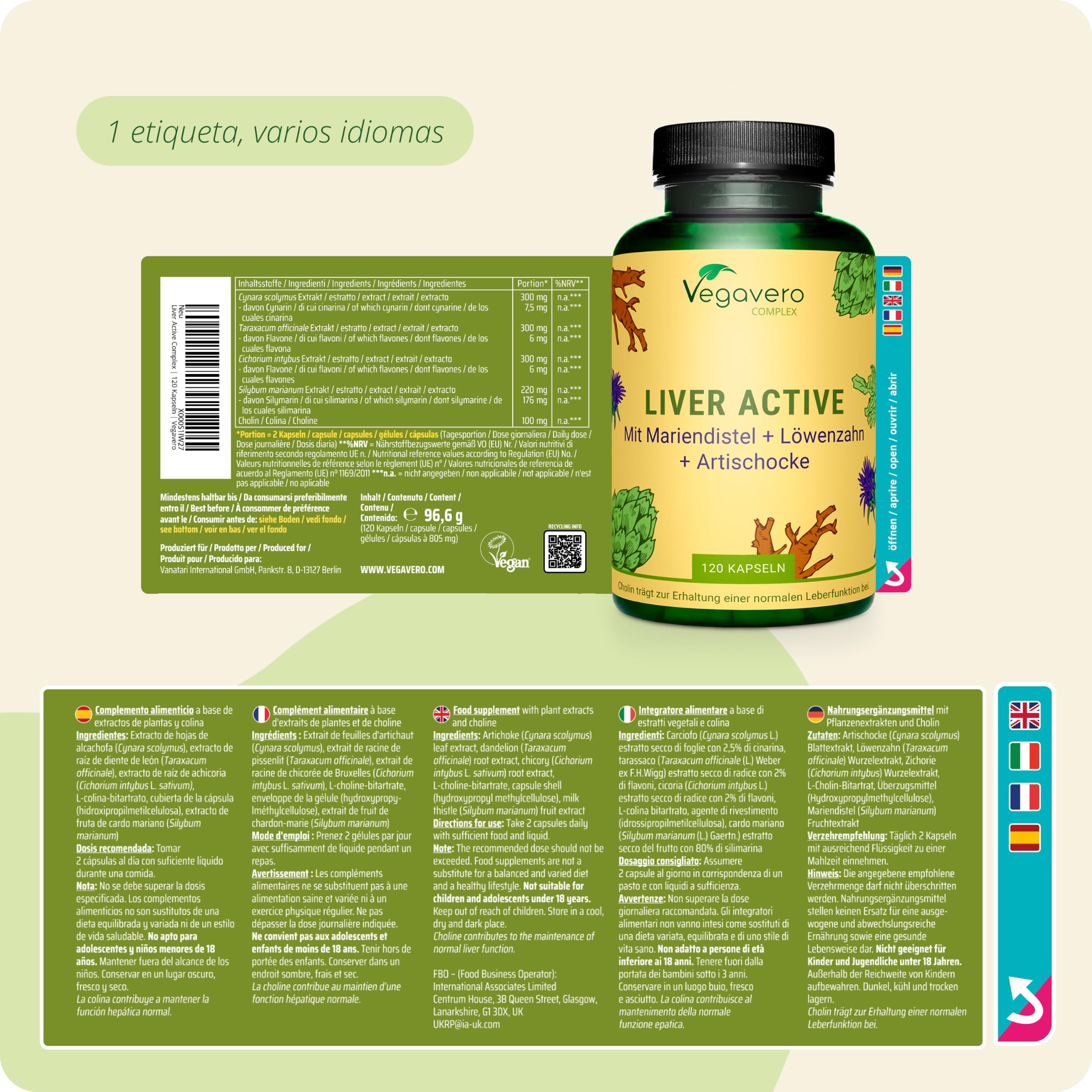 Detox Higado Vegavero | 3300 mg Cardo Mariano + Alcachofa + Diente de León | 80% Silimarina + 40% colina | Depurativo Hígado Graso + Diuretico + Digestion | Sin Aditivos | Vegano| 120 Cápsulas