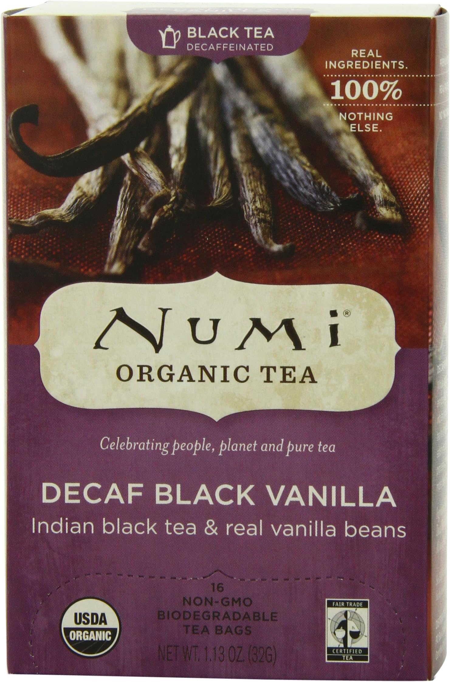 Numi Organic Tea Decaf Vanilla, 16 Count Box of Tea Bags (Pack of 3) Black Tea
