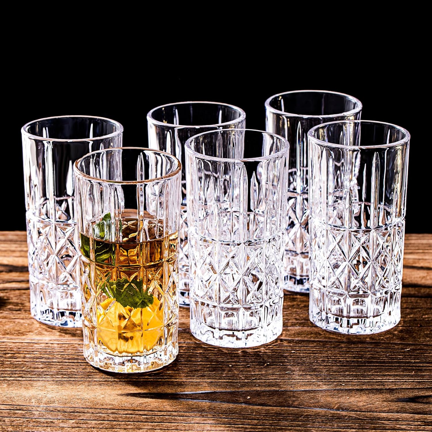 Tall Highball Glasses Set of 6, 14 Ounce Cups, Textured Designer Glassware for Drinking Water, Beer, or Soda, Trendy and Elegant Dishware, Dishwasher Safe - Image 6