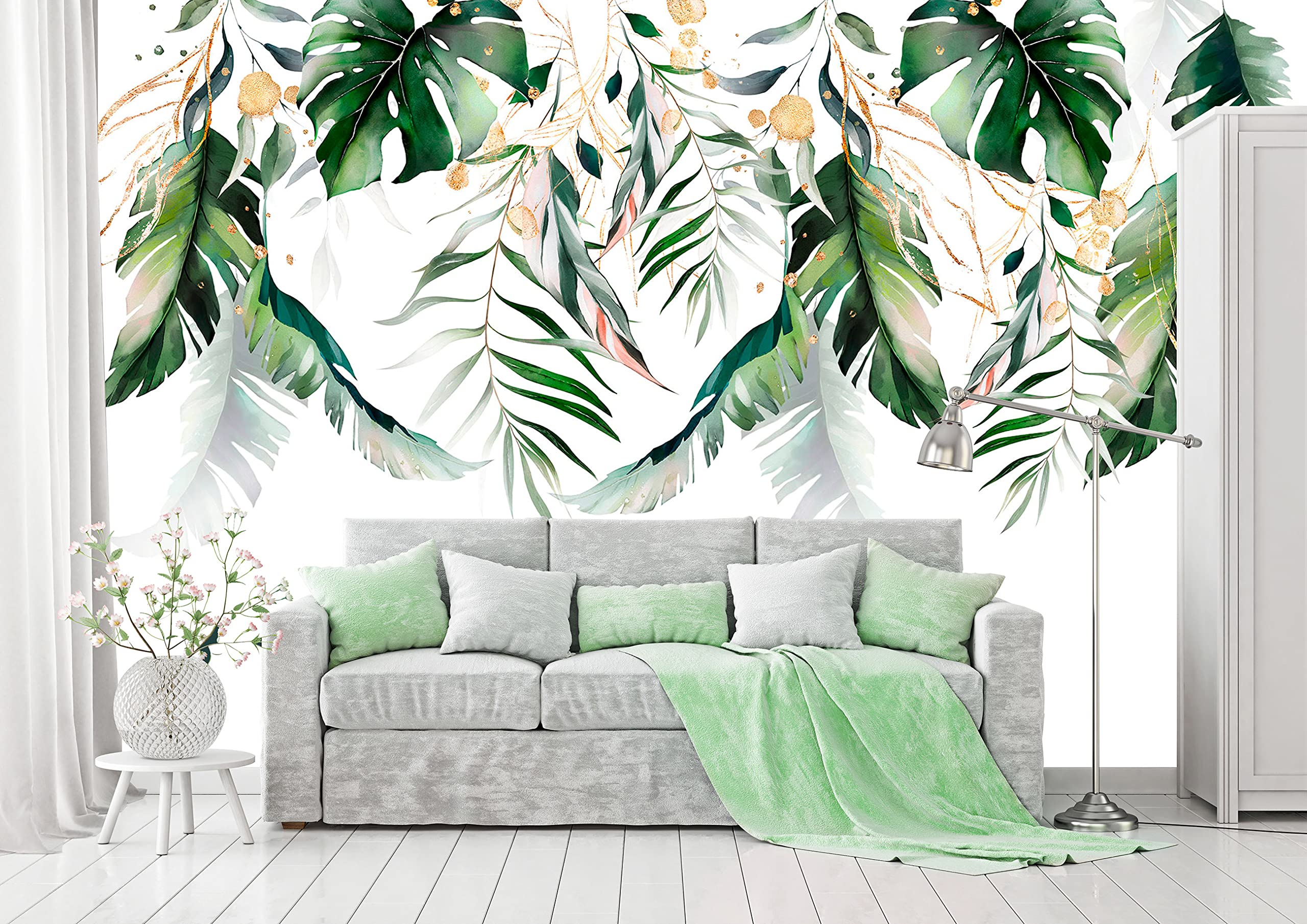 Fototapeta z liście, zielono-złota, monstera, roślina liście, do salonu, sypialni, tapeta ścienna, nowoczesna tapeta z włókniny, druk lateksowy, odporna na działanie promieni UV, gotowa do montażu (14128, V8 (368 x 254 cm) 4 pasy)