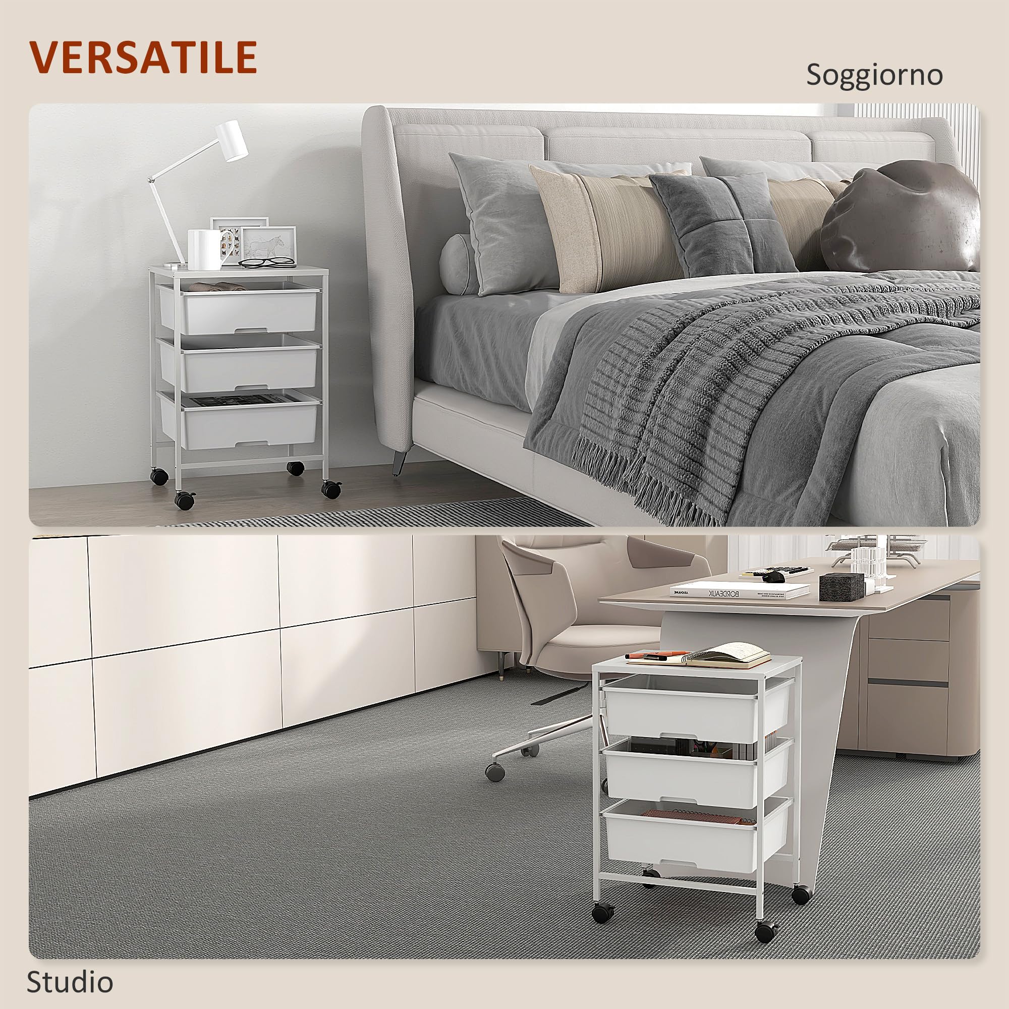 HOMCOM Carrello Portaoggetti con 3 Cestini Estraibili e Ruote, Carrello da Cucina Salvaspazio in Acciaio e Plastica, Bianco