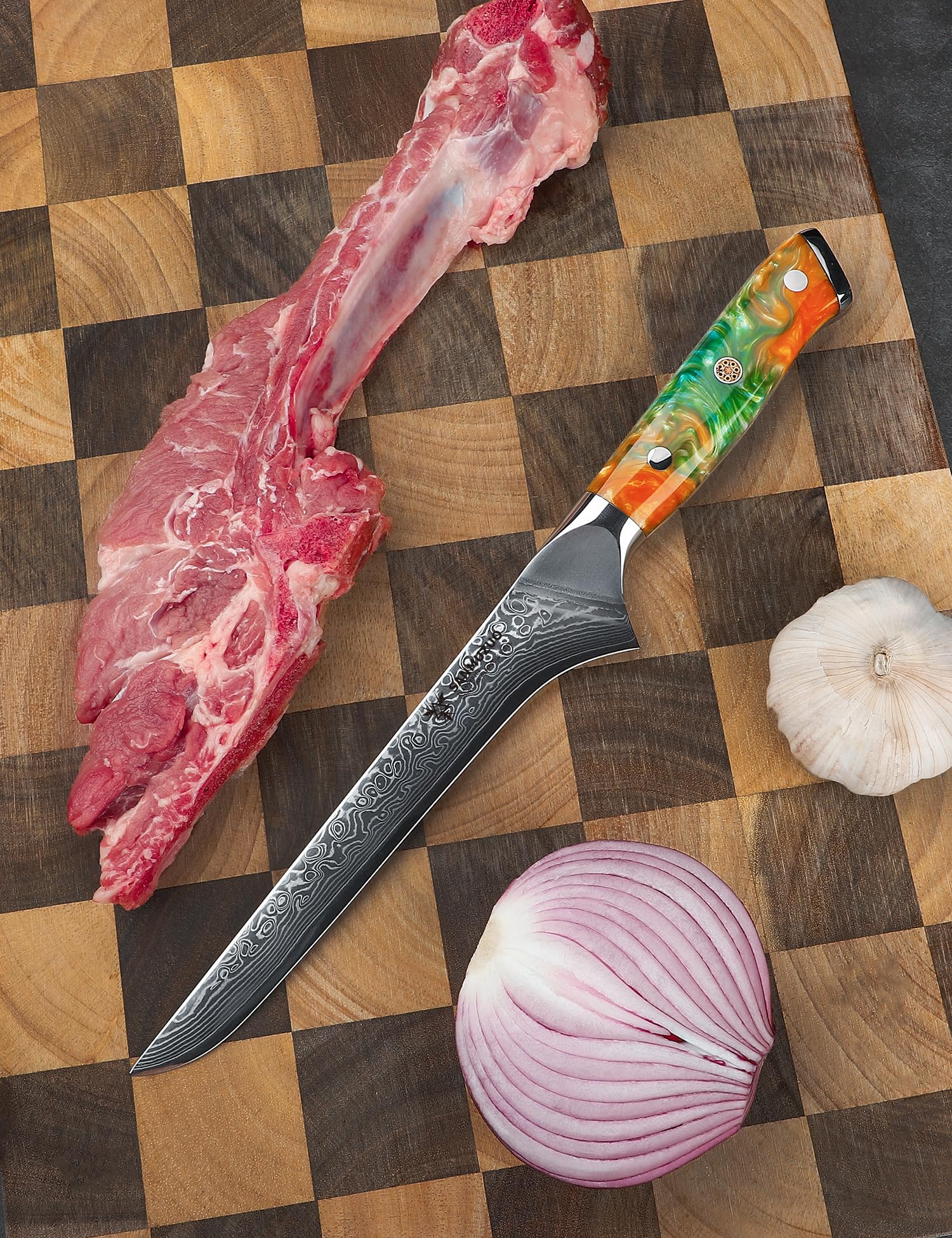 Couteau à Filet de poisson 18 cm, Couteaux de Cuisinede Chef Japonais Couteau à désosser - Acier de Damas et Manche en Résine - Série Xuan(Orange Fantastique)