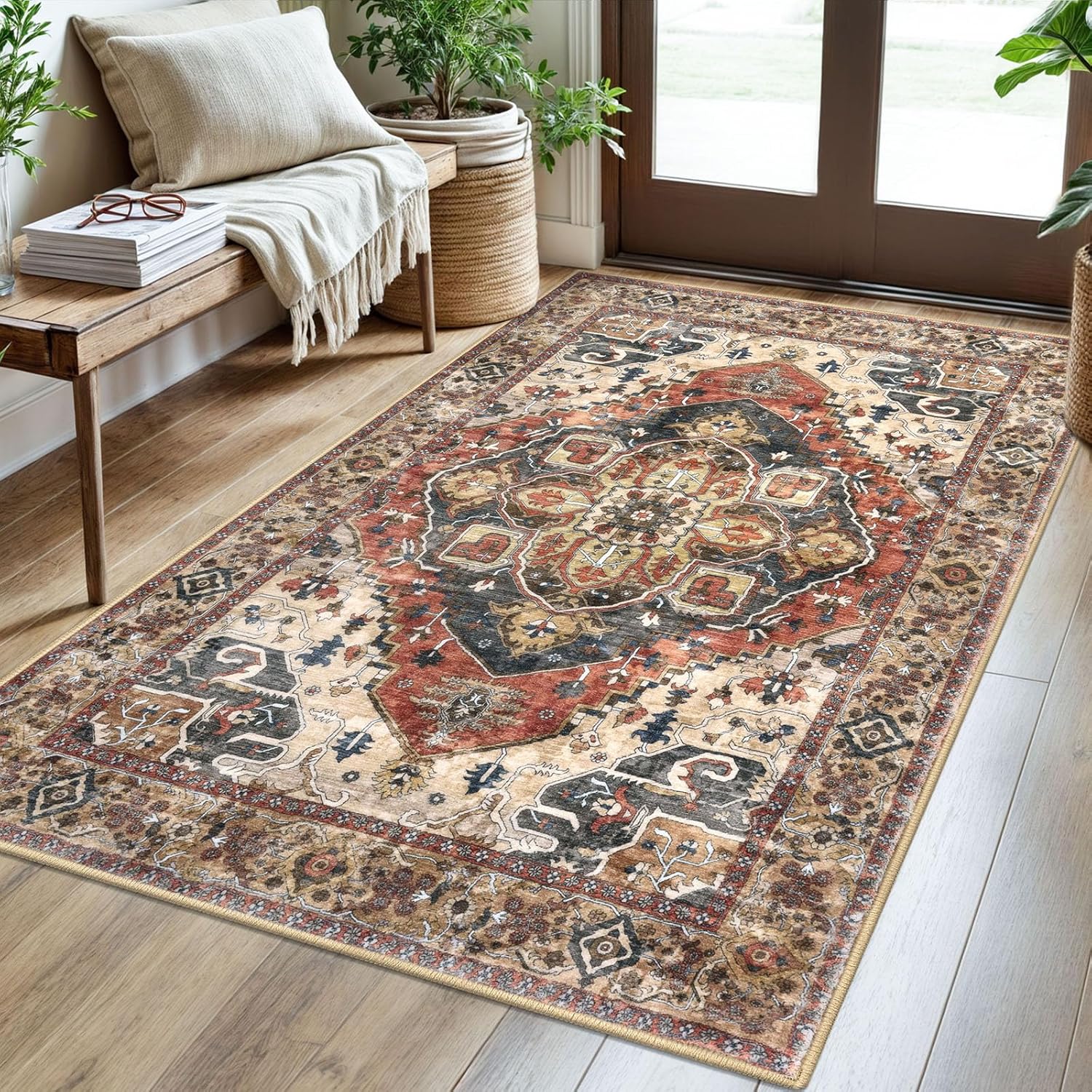 3x5 Terracotta Washable Rug for Living Room, Soft Boho Rug with Non-Slip, Low-Pile Vintage Floor Area Rugs for Entryway Nursery Bedroom Dining, Dorm Carpet with Non-Shedding