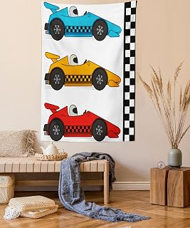 Lunarable Cartoon Tapestry, Race Cars at Start Line Adrenaline Exotic Sports Championship Theme, Fabric Wall Hanging Decor for Bedroom Living Room Dorm, 23" X 28", Marigold Blue