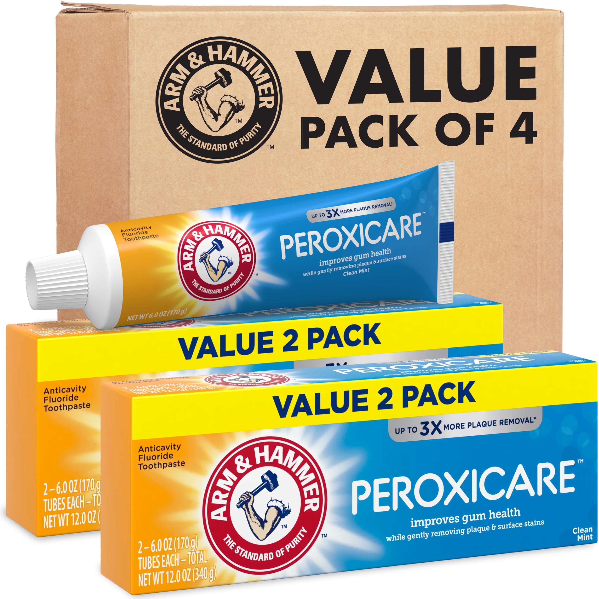 ARM & Hammer Peroxicare Toothpaste, Clean Mint, 6.0 oz, 4-Pack