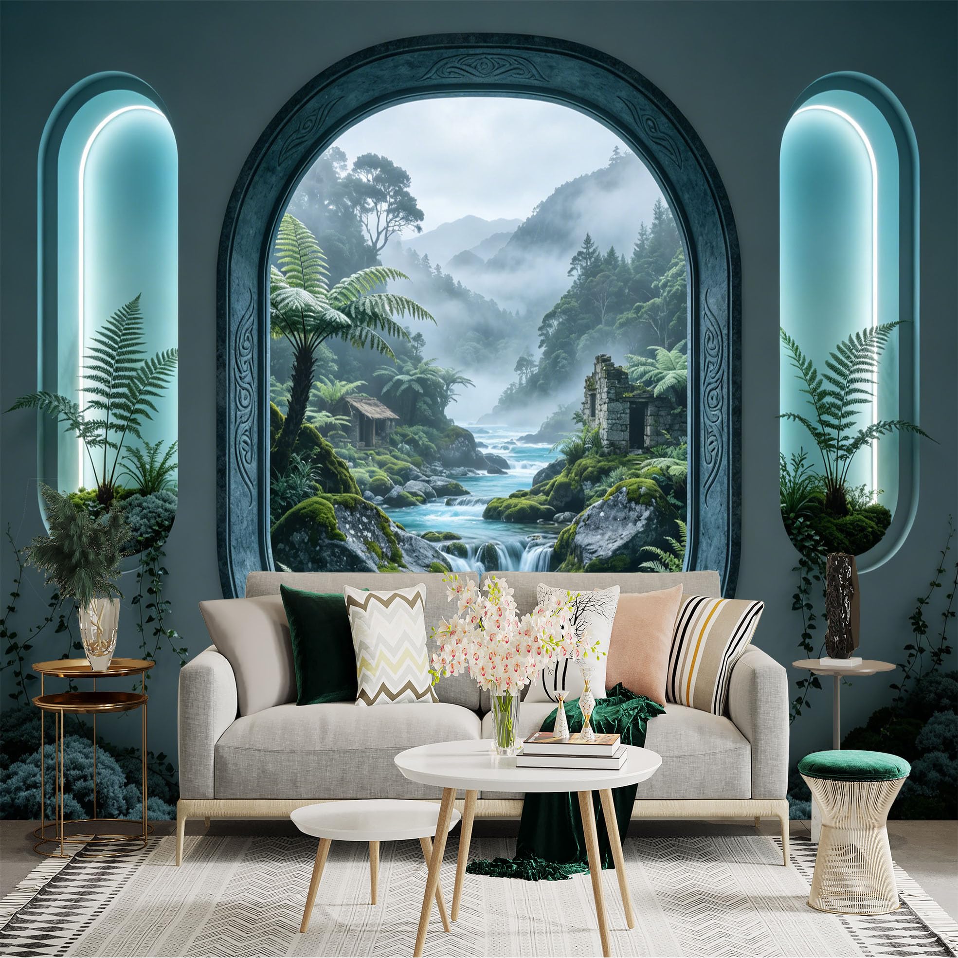 Custom Size Wall Sticker Mural， Misty Jungle River with Waterfalls and Lush Green Forest， for wall Decoration， peelandstick wall Decals.