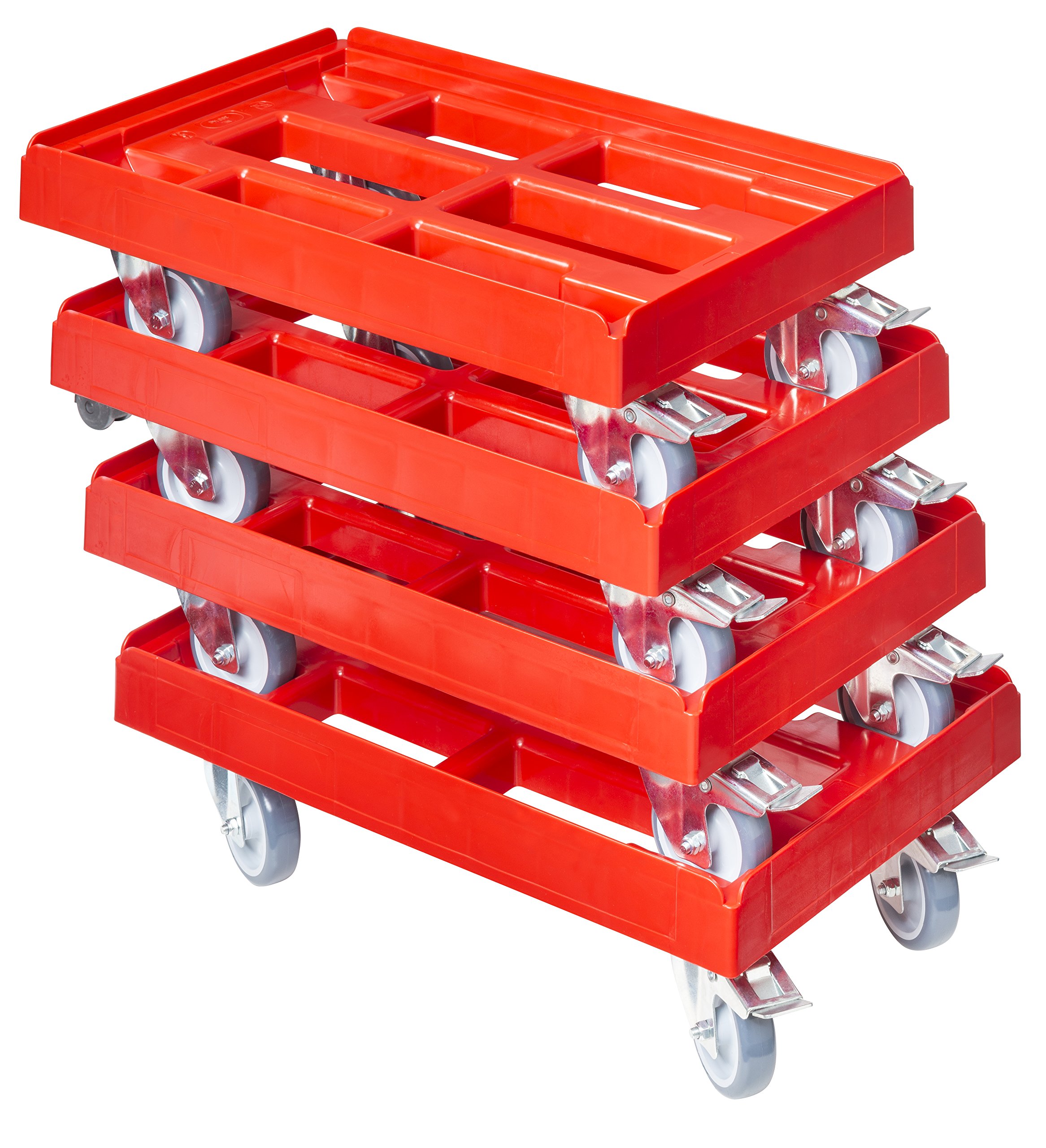 4 Stück Transportroller für Kisten 60 x 40 cm mit 2 Bremsen in rot
