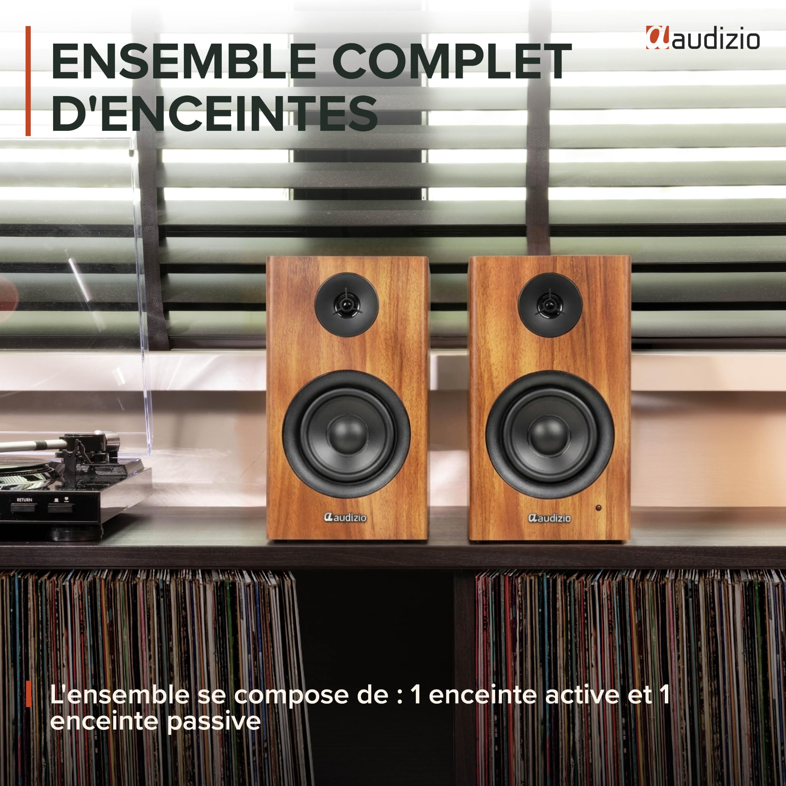 Audizio BS15 Enceintes Bibliothèque BT Actives 60W HiFi avec HDMI Arc Merisier