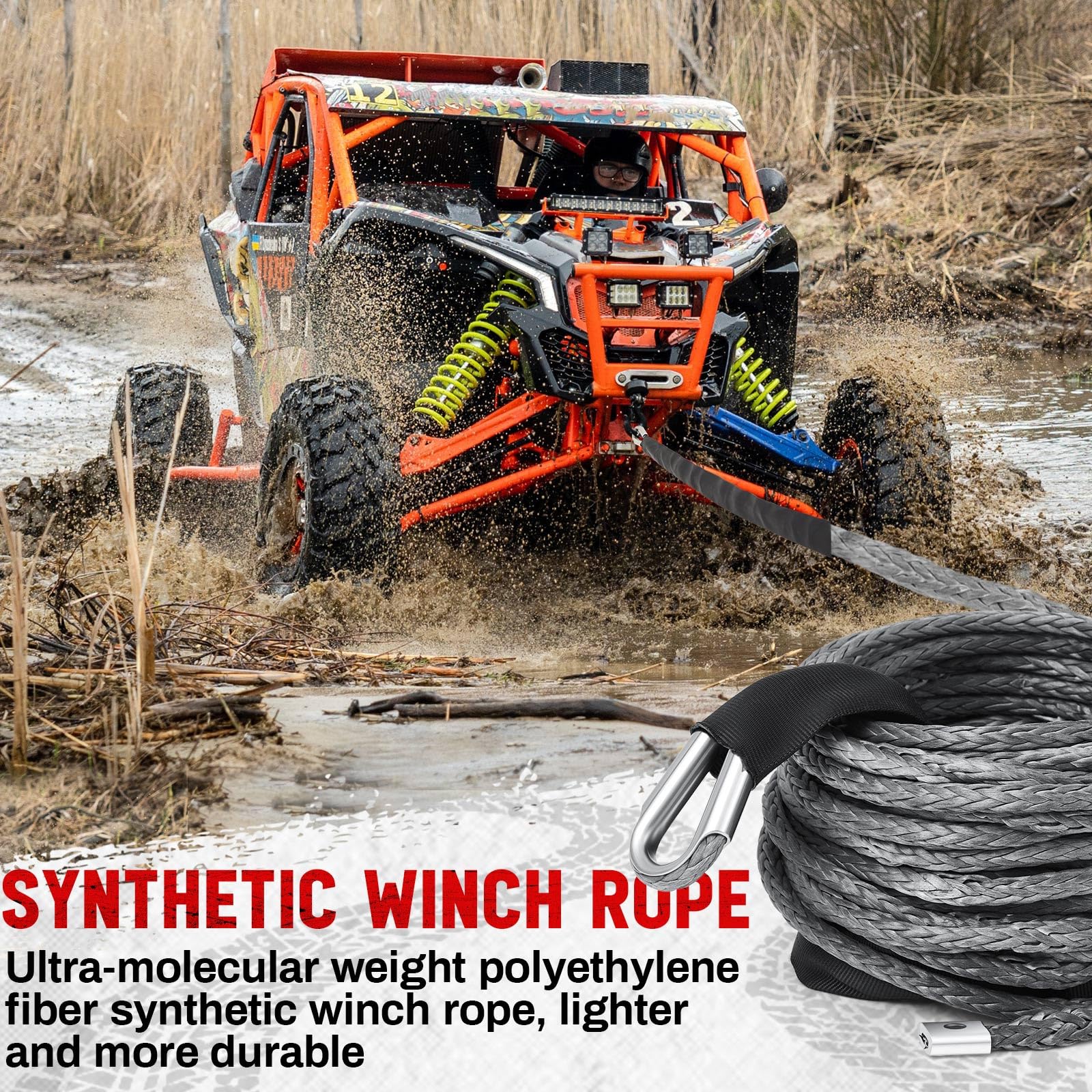 Extensión de cuerda sintética de cabrestante de 3/8 x 50 pies 26, 500 libras, extensión de línea de cable sintético gris con funda protectora para vehículos todoterreno, ATV, UTV, camión, etc