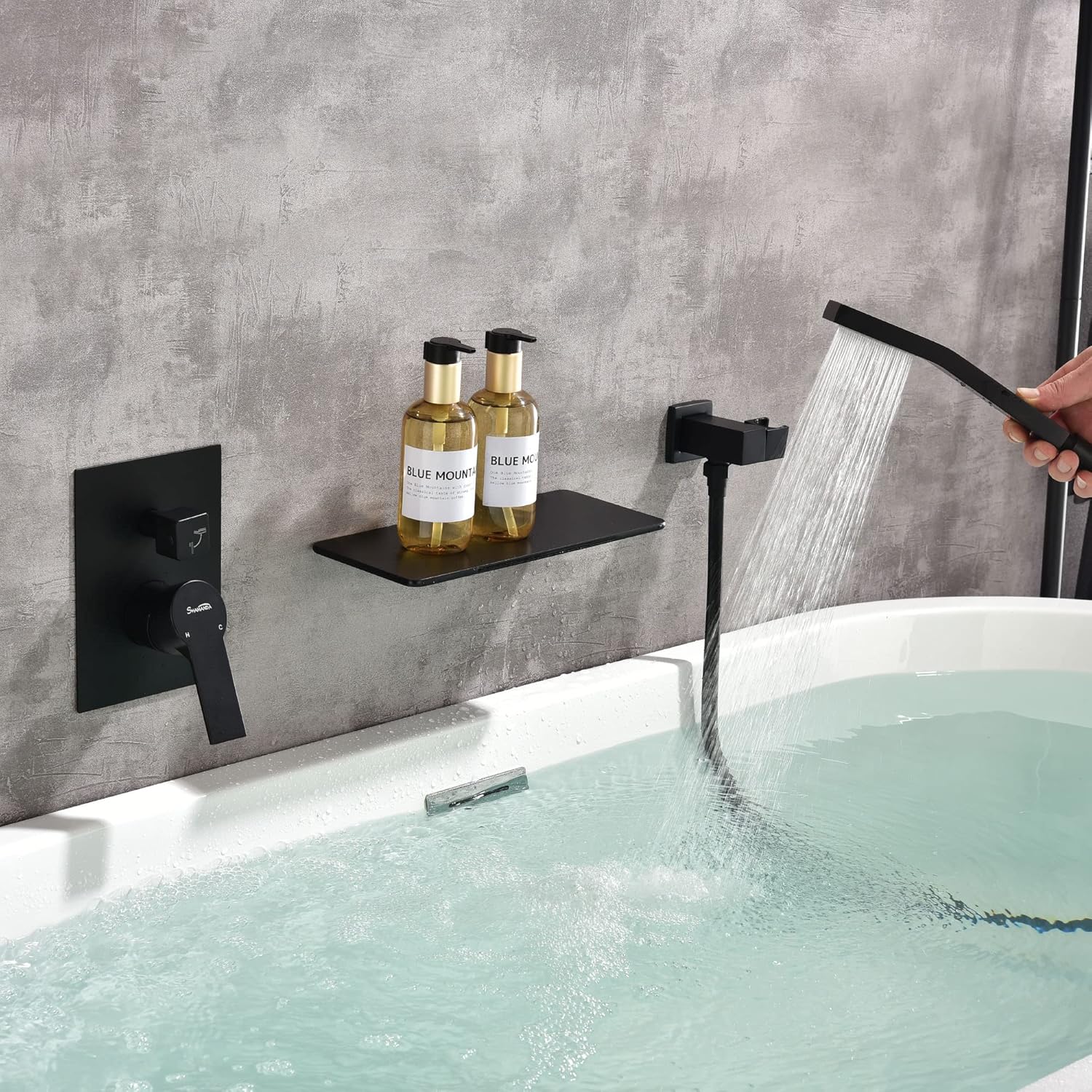 Matte Black Wall Mounted Tub Filler with Hand Shower