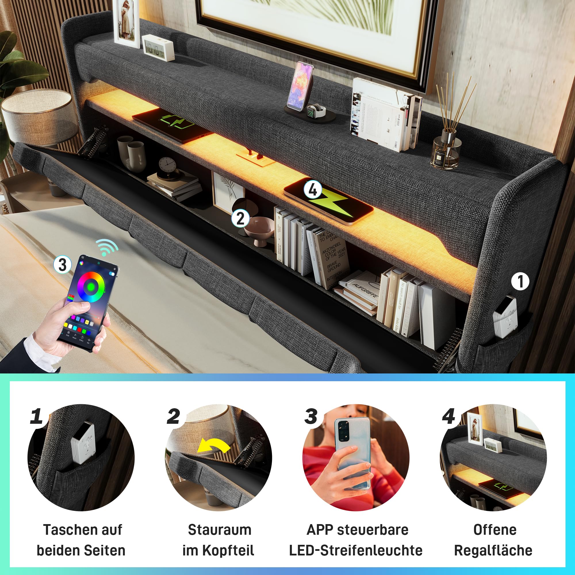 Polsterbett 180x200 Doppelbett, Stauraum-Kopfteil mit USB- und Typ-C-Anschlüssen, LED-Beleuchtung am Kopf- und Fußende des Bettes, mit Hydraulischem Stauraum, Leinen (Grau 1, Ohne Matratze, 180x200CM)