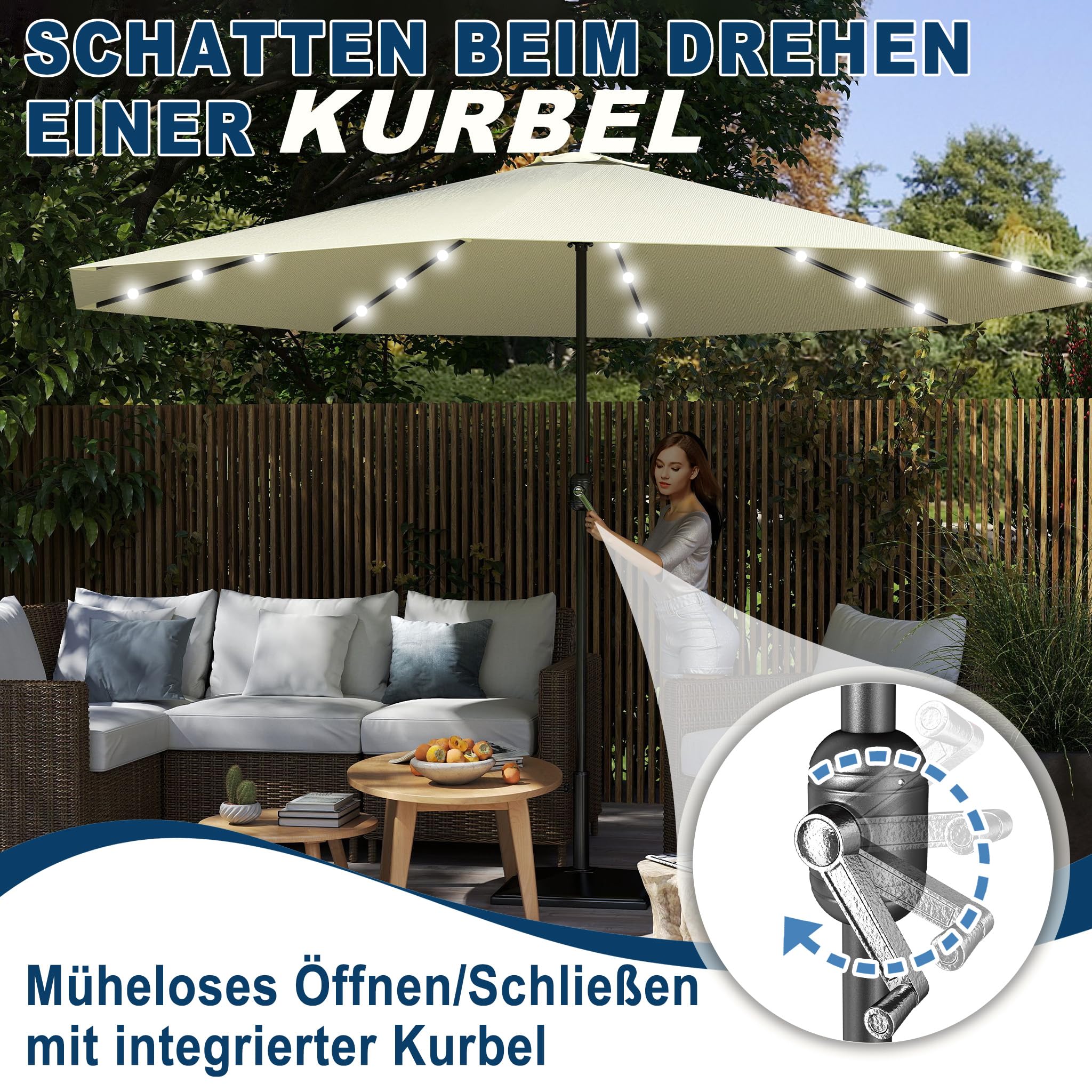 Froadp Ø3.5m Ombrellone da Spiaggia Impermeabile, Gli ombrelli Ottagonale con Ø38mm Manico, Ombrellone da Giardino in Poliestere Protezione Solare per Balcone Terrazza Piscina Patio (Beige con LED)