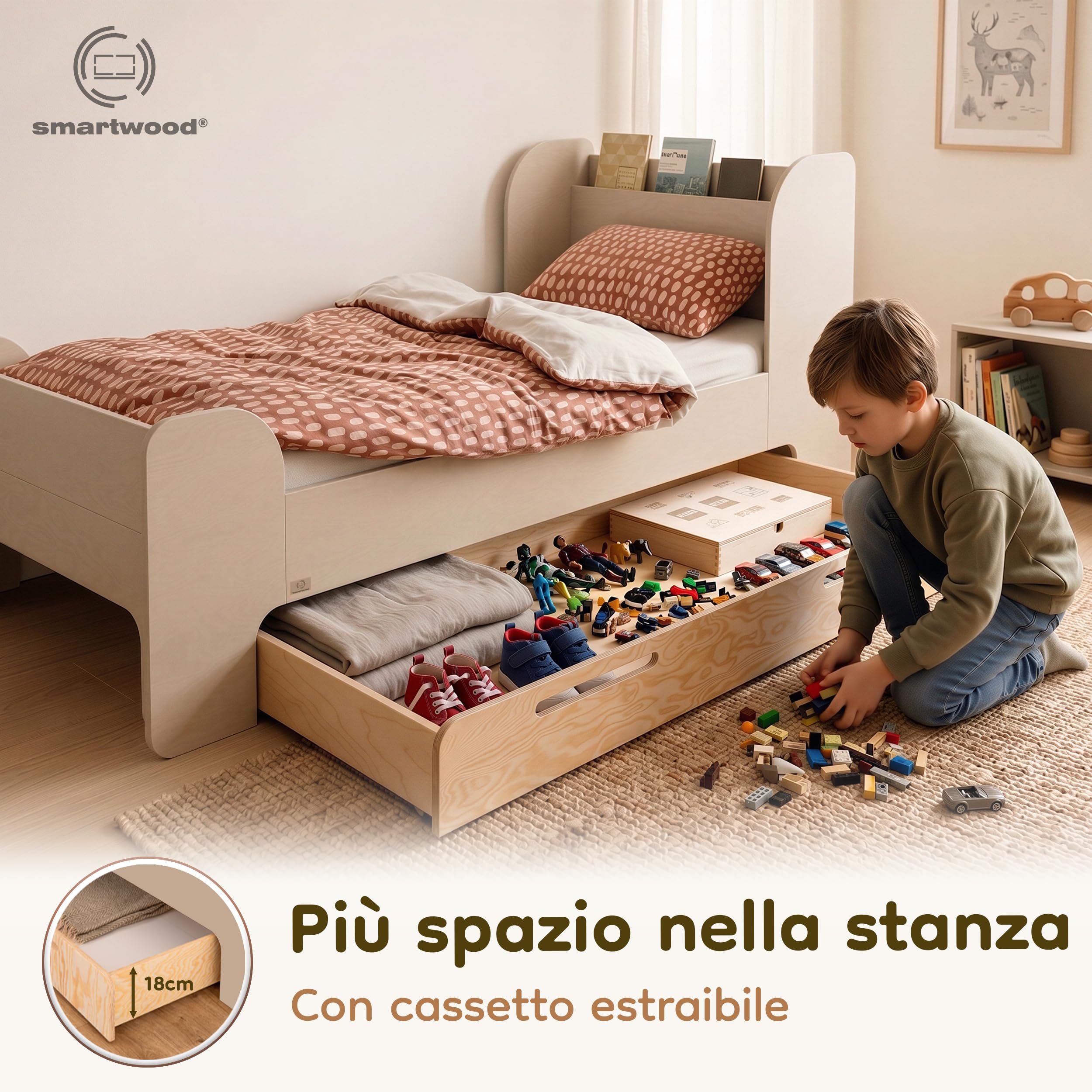 smartwood Letto Bambino 100x200 cm con Cassetto, in Legno, Cachemire Flou D | incl. Cassetto, Testiera con Ripiano, Rete fino a 230 kg, in Legno di Pino FSC, Letto per Ragazze & Ragazzi dai 3 anni