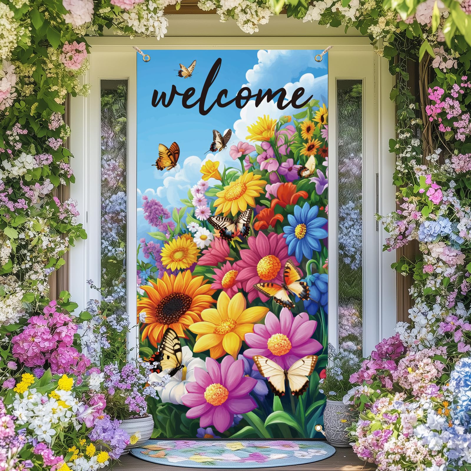 arricraft 1 Pcs Welcome Theme Door Cover, Flowers Butterflies Banner Photography Background Backdrop for Door Wall Porch Indoor Outdoor Decoration 35.4x72.8 inch