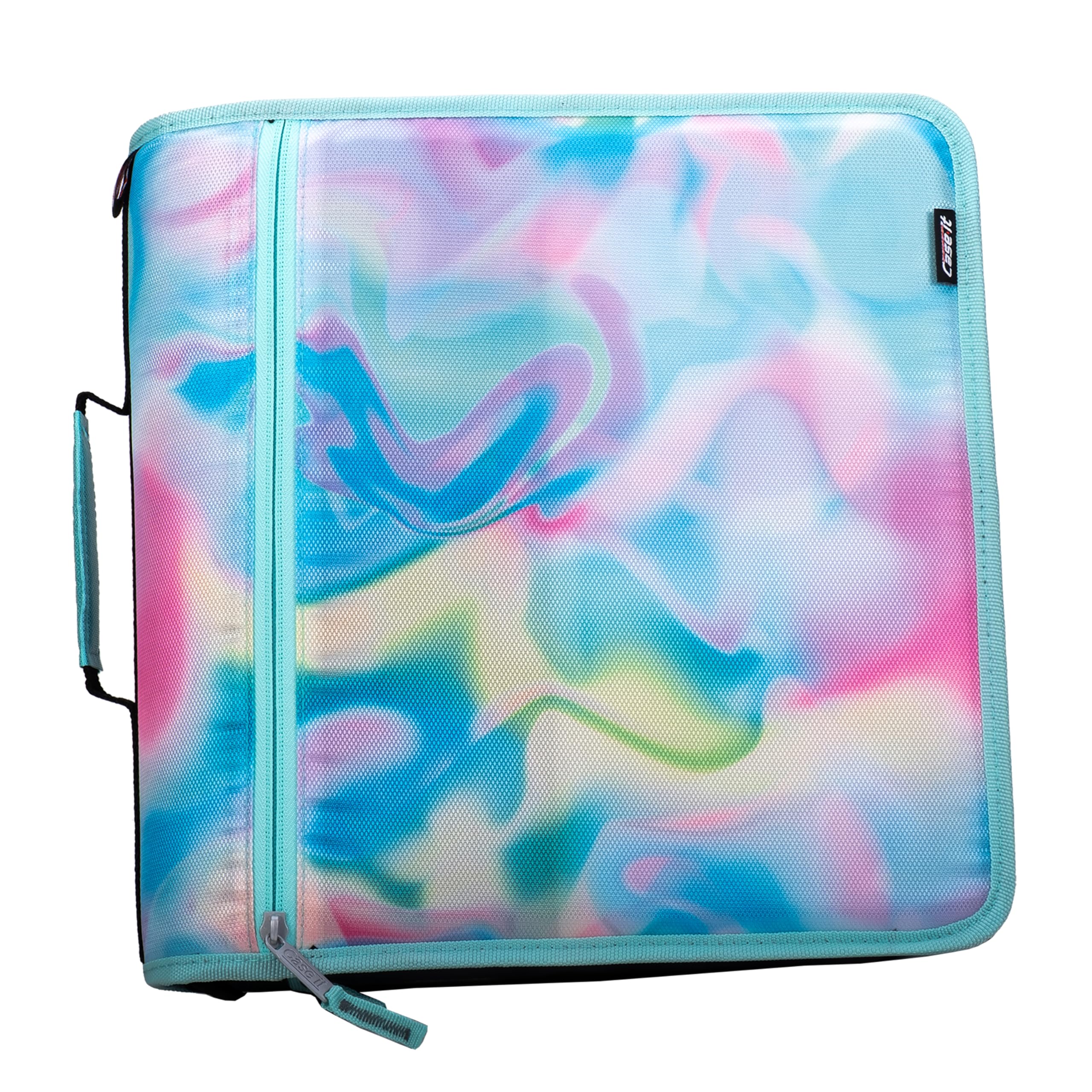 Case-it The Mighty Zip Tab Zipper Binder - 3 Inch O-Rings - 5 Color Tab Expanding File Folder - Multiple Pockets - 600 Sheet Capacity - Comes with Shoulder Strap - Aqua Iridescent Pastel D-146-P