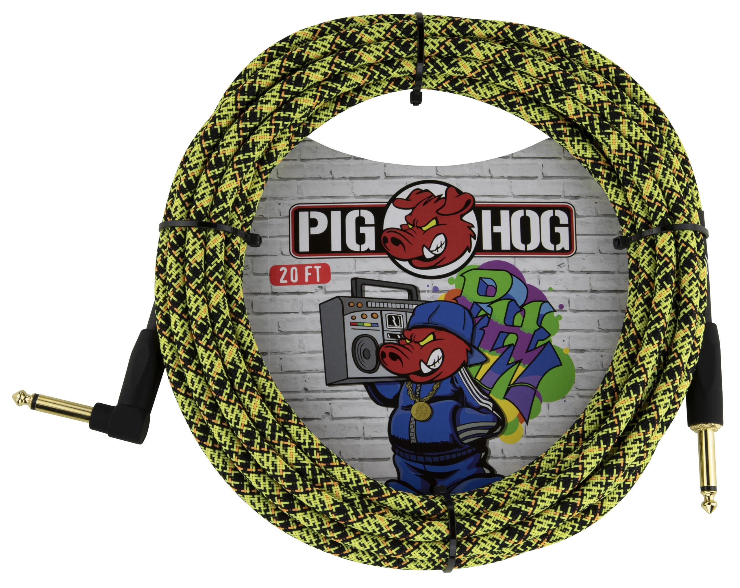 Pig Hog Graffiti, przewód do instrumentów z serii graffiti, żółty, 6 m, 6,35 (1/4") na 6,35 (1/4"), wysokiej jakości, tkany, wtyczka kątowa